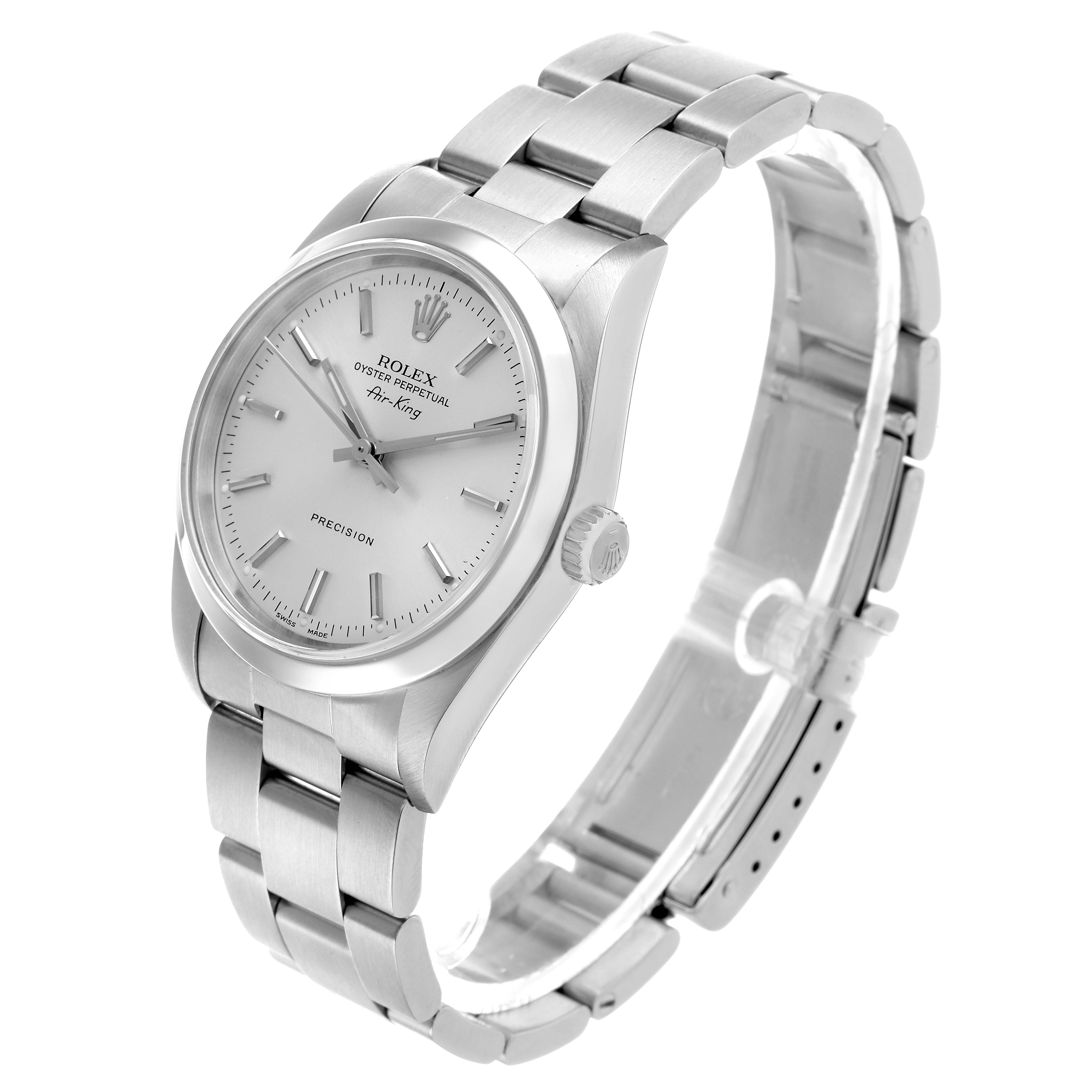 The Rolex Air-King 14000 Men's Stainless Steel Silver Dial watch is shown at an angled side view, displaying its face, bezel, crown, and bracelet.