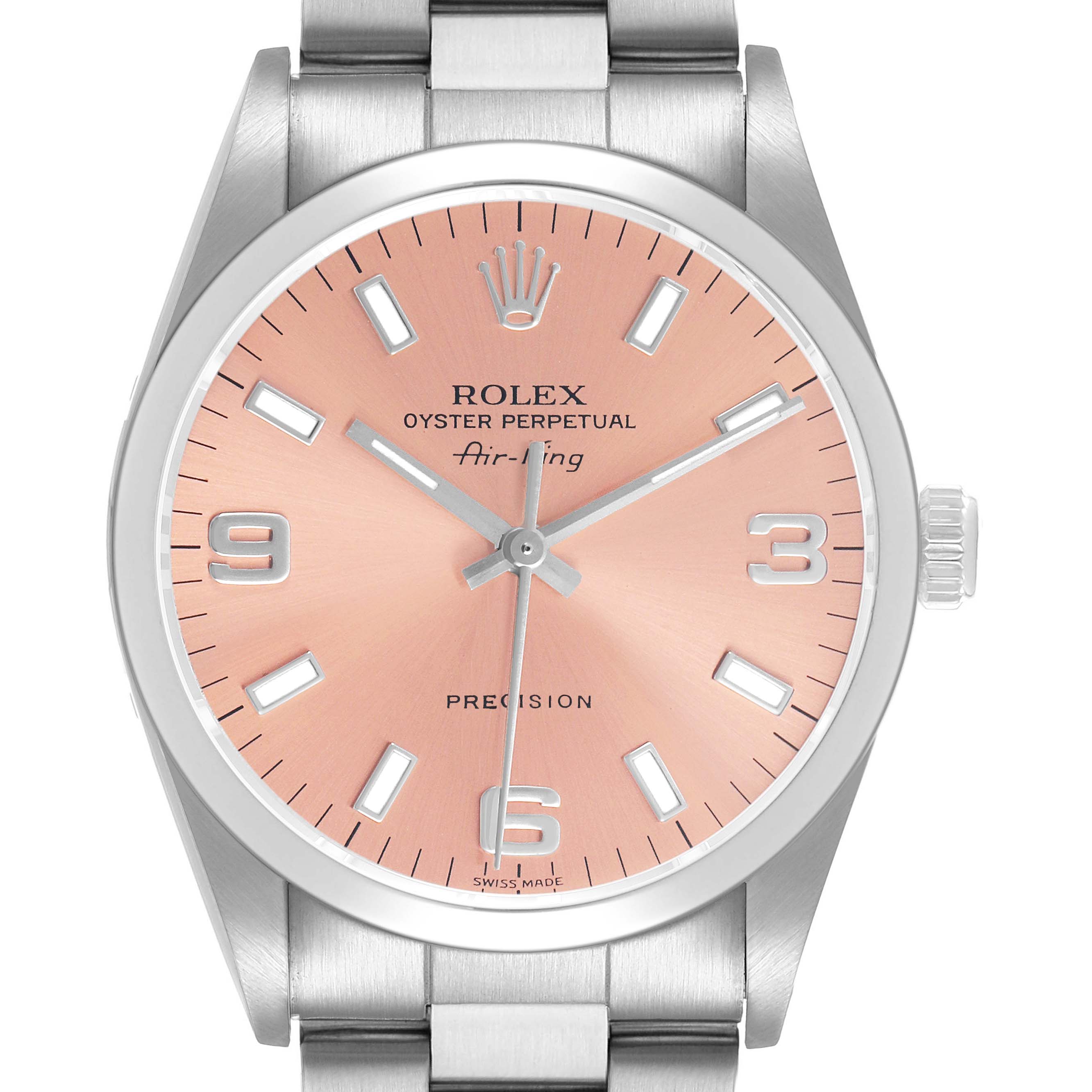 The Rolex Air-King 14000 Men's Stainless Steel Pink Dial watch is shown from the front, highlighting the pink dial, hour markers, and stainless steel case.
