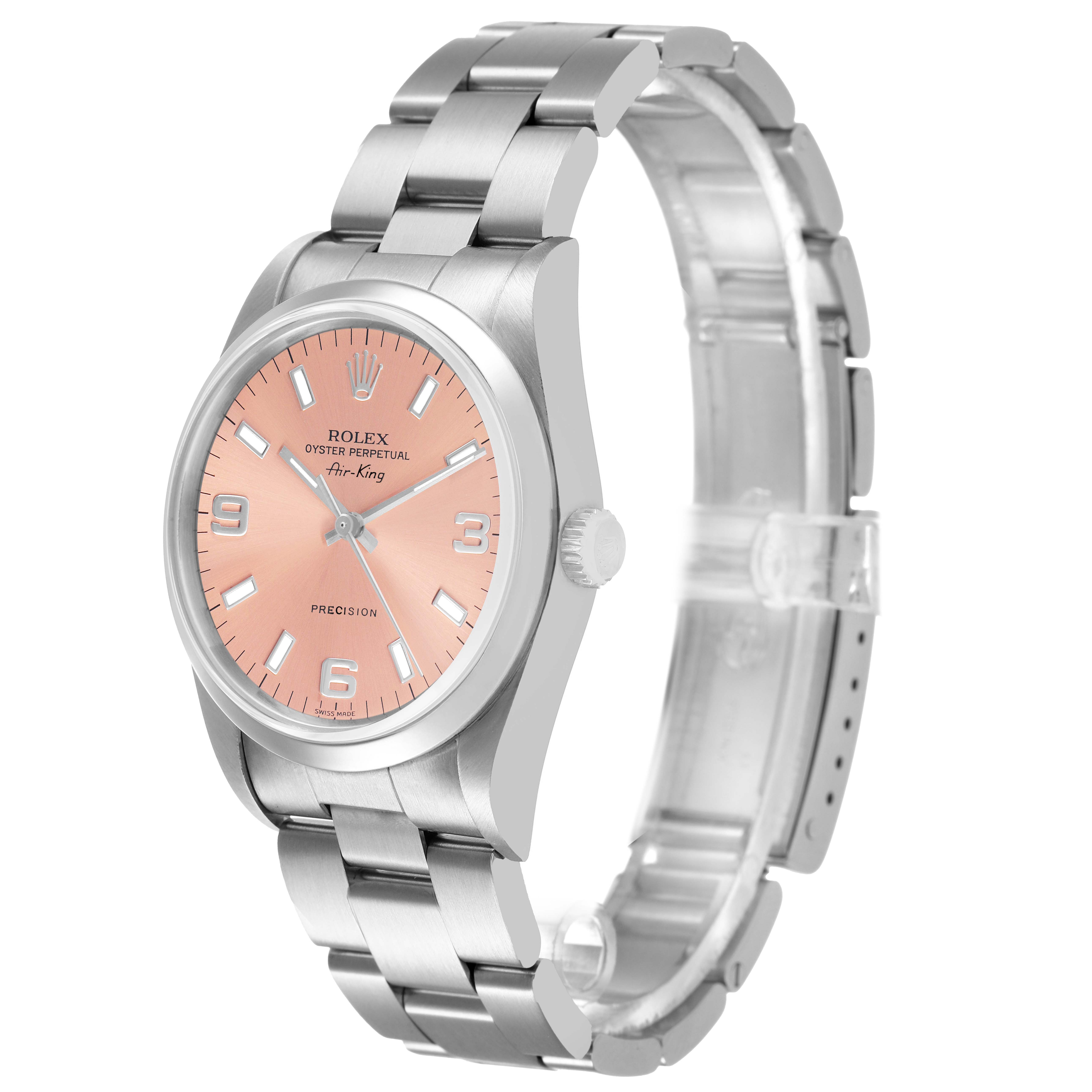 The Rolex Air-King 14000 Men's Stainless Steel Pink Dial watch is shown at a three-quarter angle, highlighting the dial, case, crown, and bracelet.