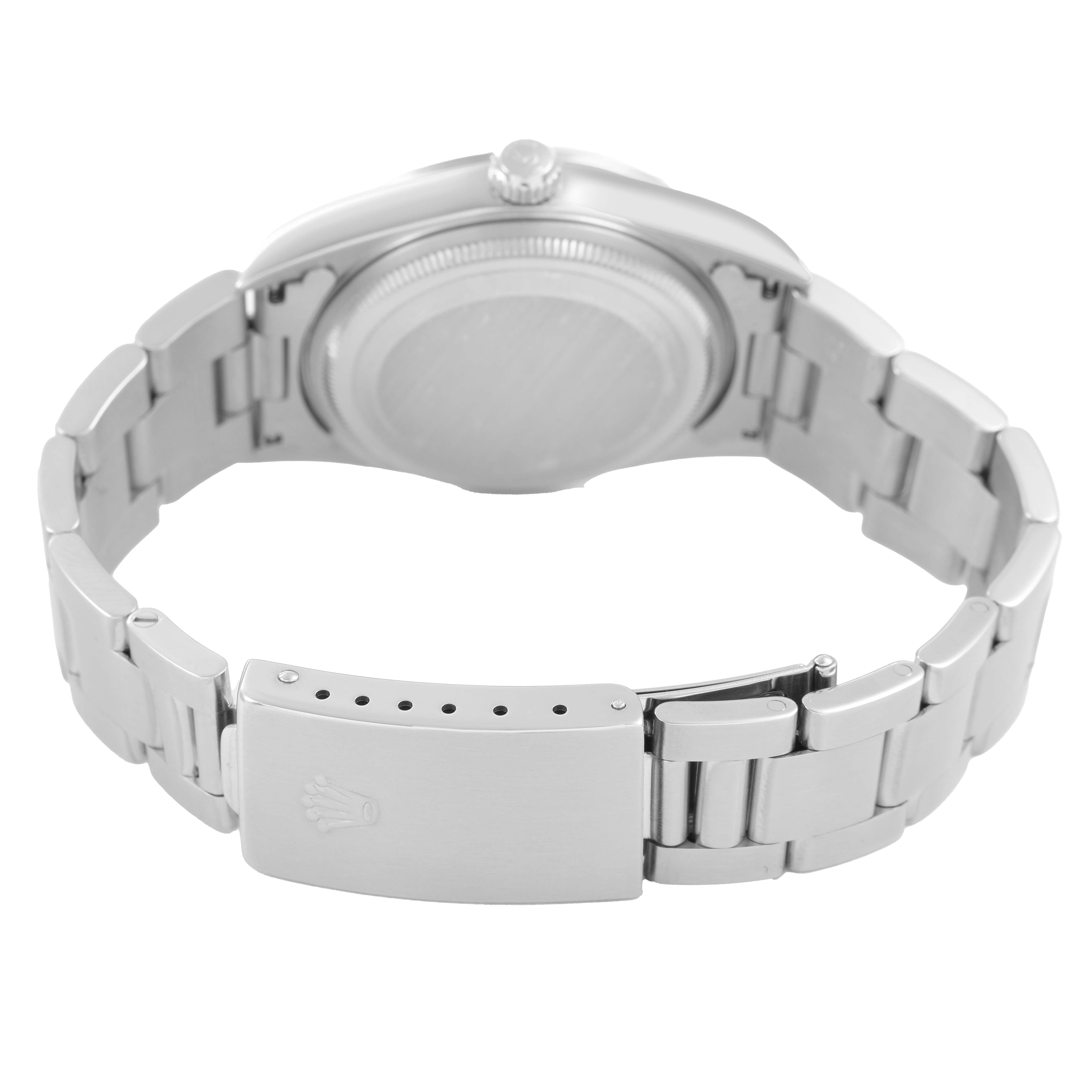 The image shows the back and clasp of a Rolex Air-King 14000 Men's Stainless Steel Pink Dial, highlighting the bracelet and case back.