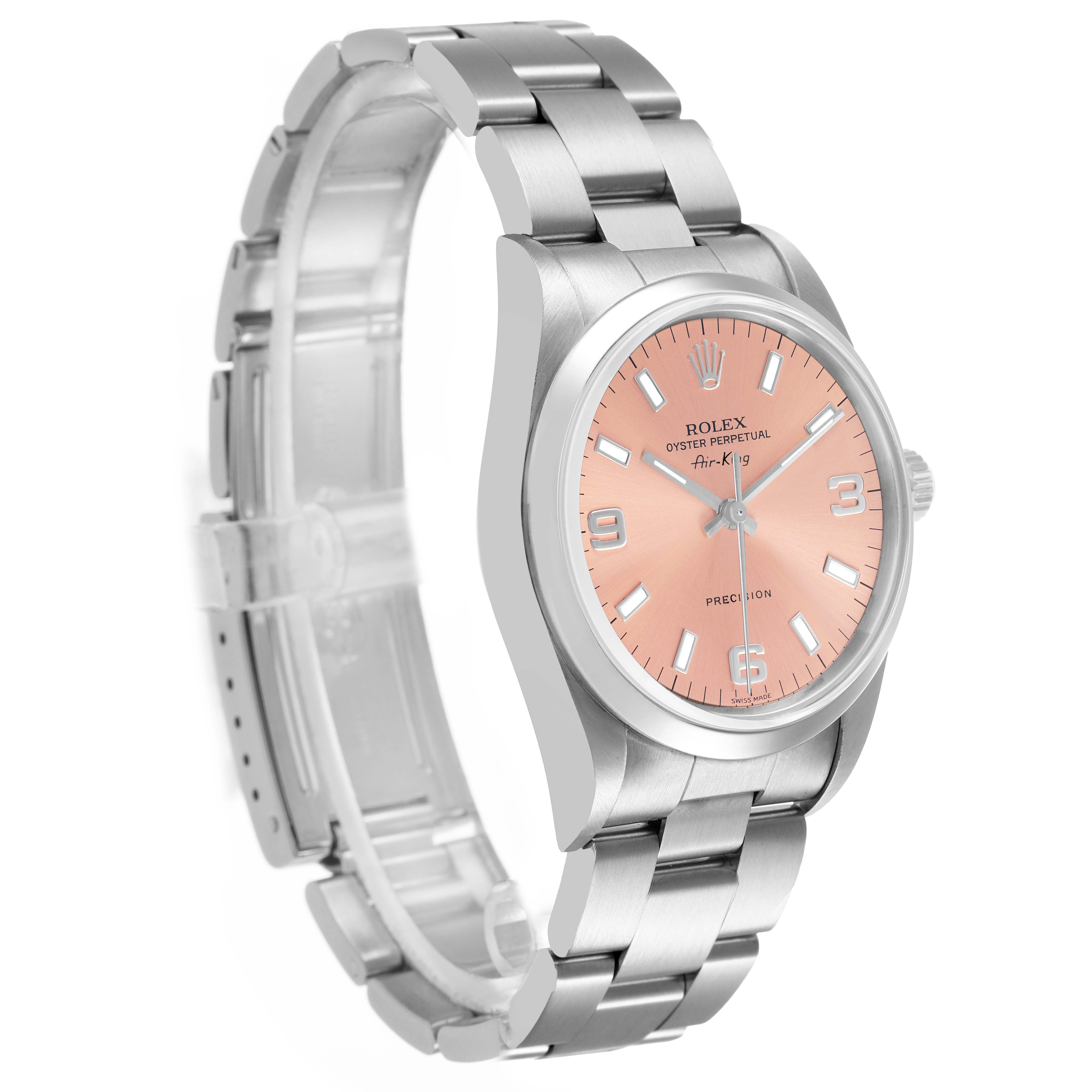 The Rolex Air-King 14000 Men's Stainless Steel Pink Dial watch is shown at a slight angle, displaying the dial, case, and part of the bracelet.