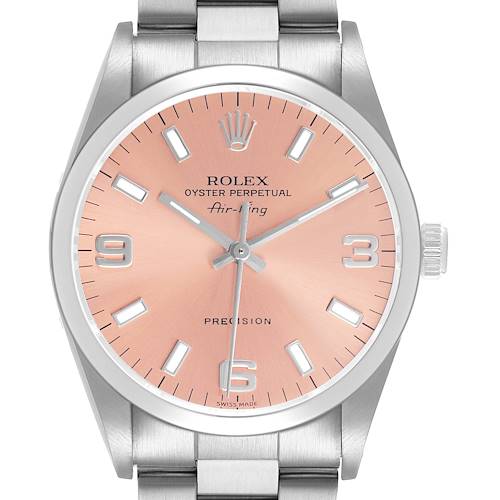 The Rolex Air-King 14000 Men's Stainless Steel Pink Dial watch is shown from a front angle, highlighting its face, crown, and part of the bracelet.