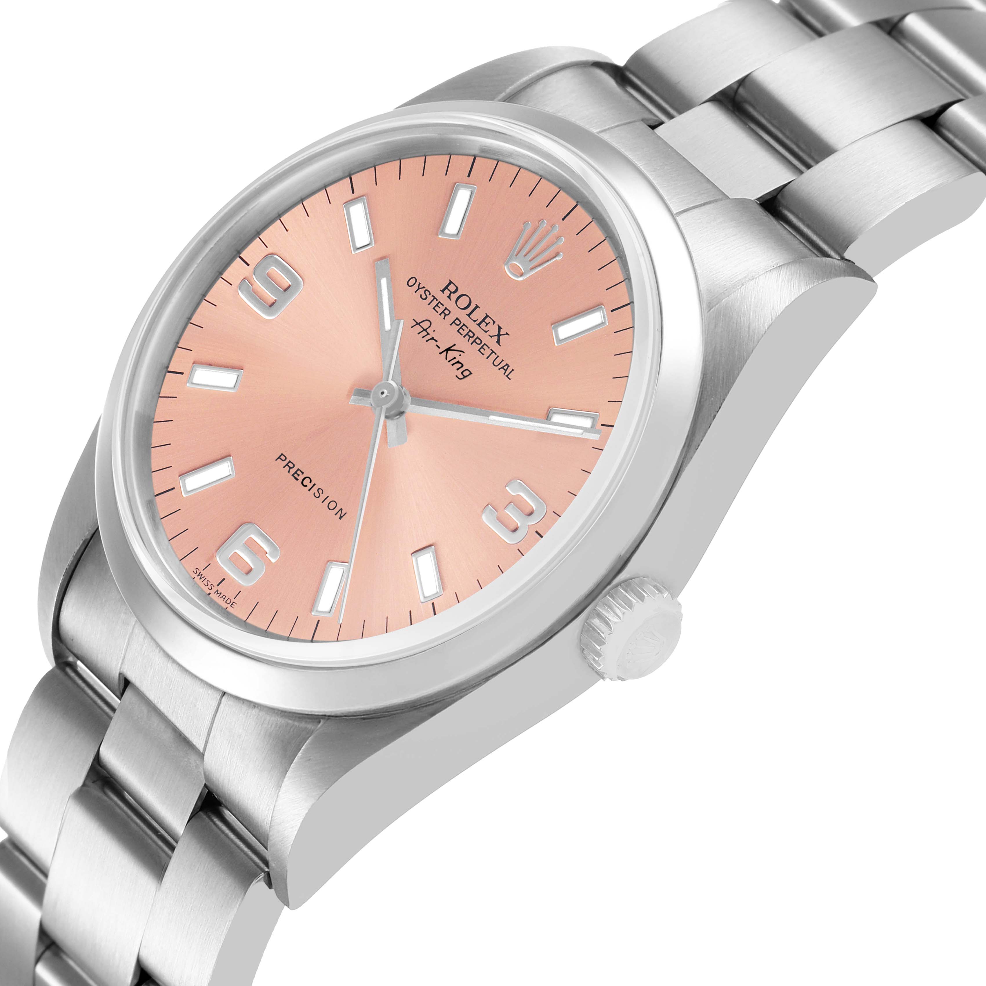 The Rolex Air-King 14000 Men's Stainless Steel Pink Dial watch is shown at an angled side view, displaying the face, crown, and part of the bracelet.