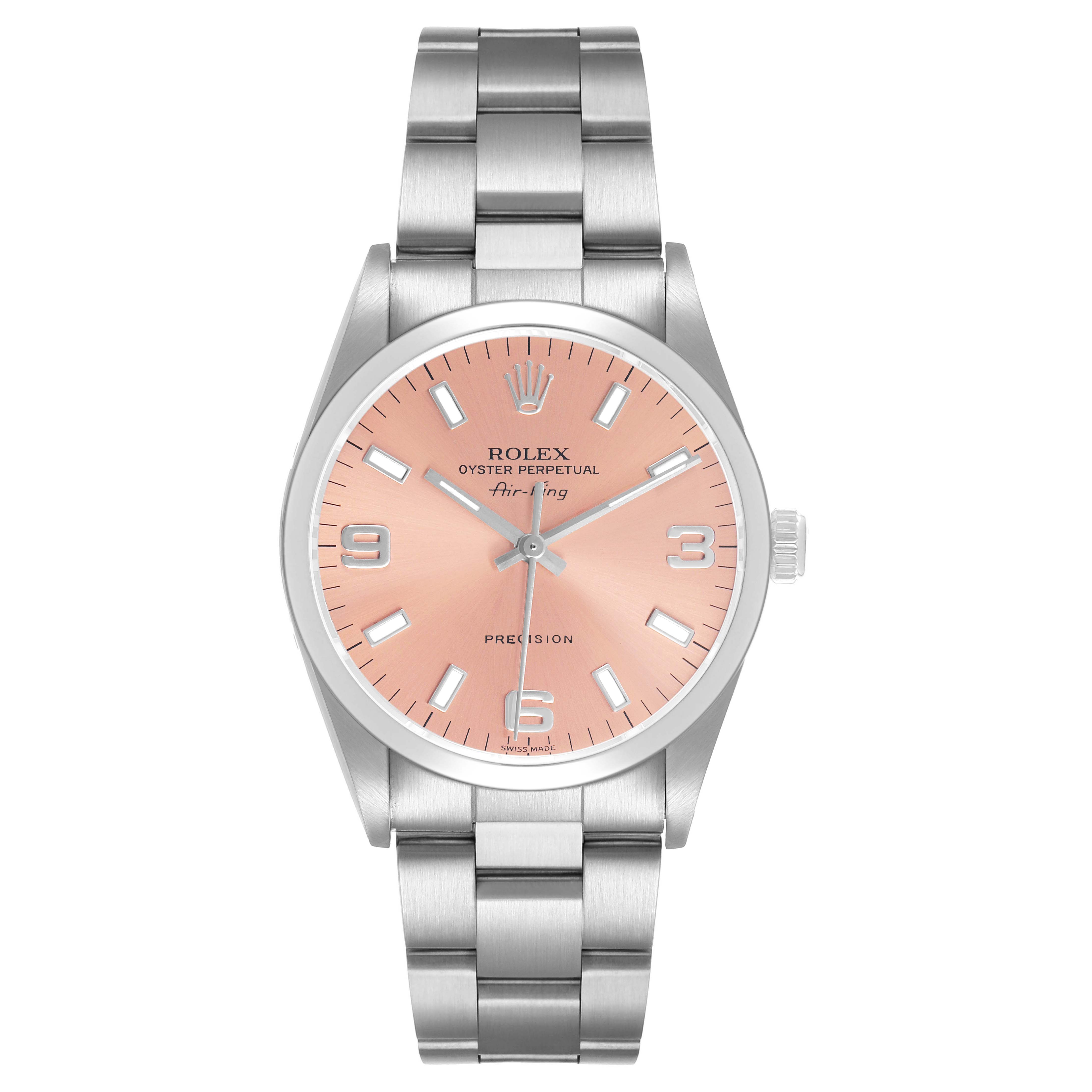 The Rolex Air-King 14000 Men's Stainless Steel Pink Dial watch is shown from a top-down angle, displaying the dial, case, and bracelet.