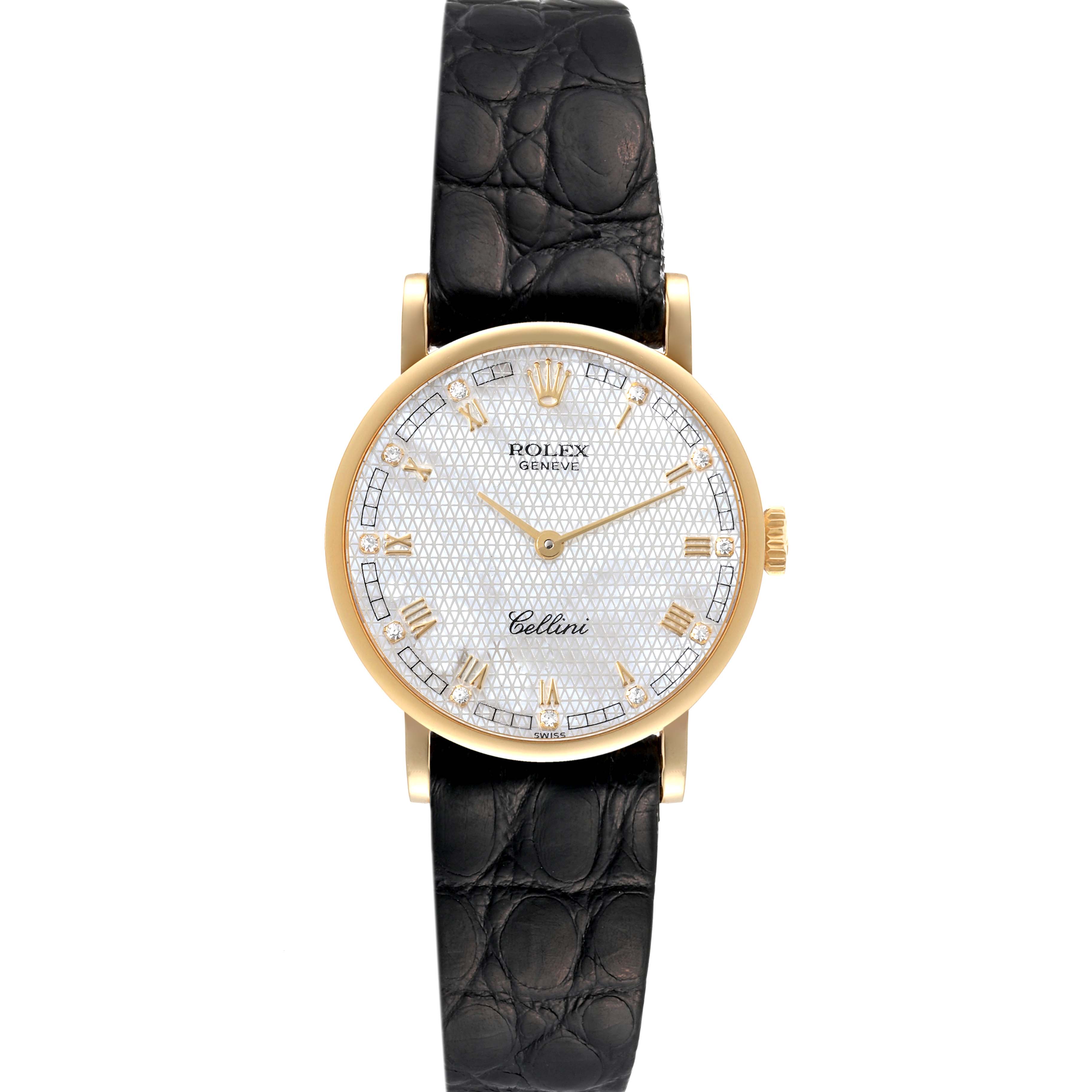 The image shows a front view of a Rolex Cellini 5109 Women's Yellow Gold Mother of Pearl Dial 5109 Women's Yellow Gold Mother of Pearl Dial watch, highlighting its dial, gold case, and leather strap.