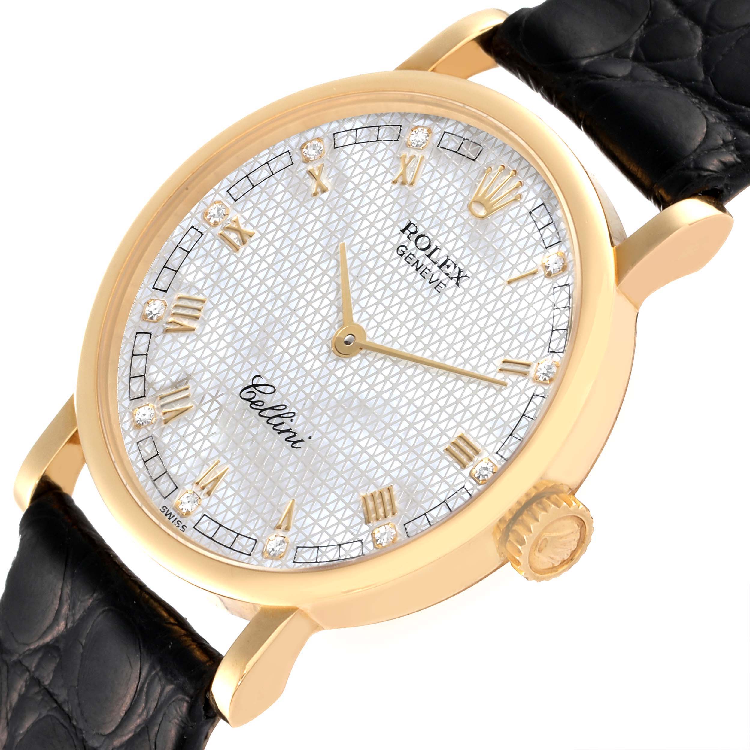 The image shows a close-up angled view of the dial, case, and leather strap of a Rolex Cellini 5109 Women's Yellow Gold Mother of Pearl Dial 5109 Women's Yellow Gold Mother of Pearl Dial watch.