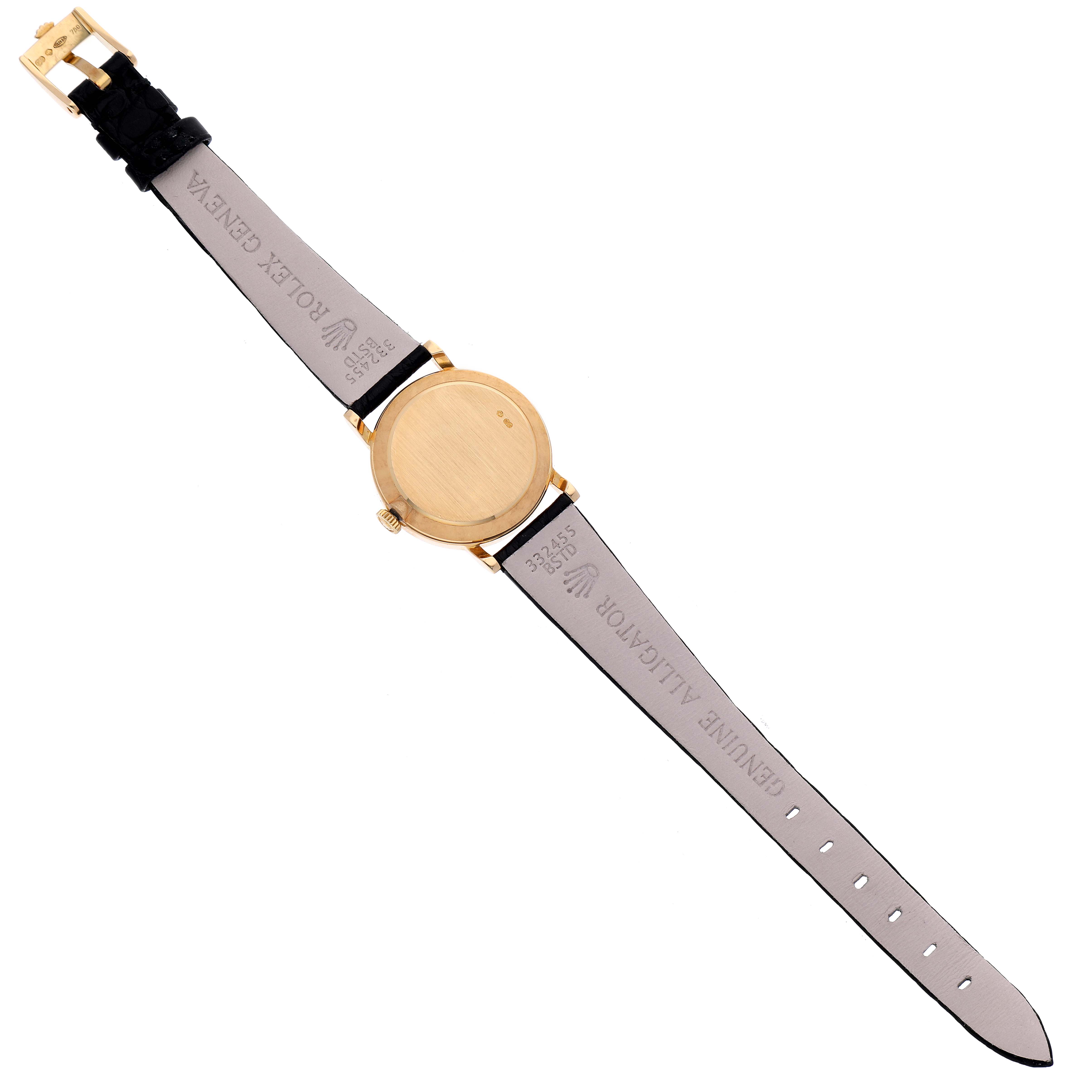 The image shows the back of a Rolex Cellini 5109 Women's Yellow Gold Mother of Pearl Dial 5109 Women's Yellow Gold Mother of Pearl Dial watch laid flat, displaying the strap and the case back.