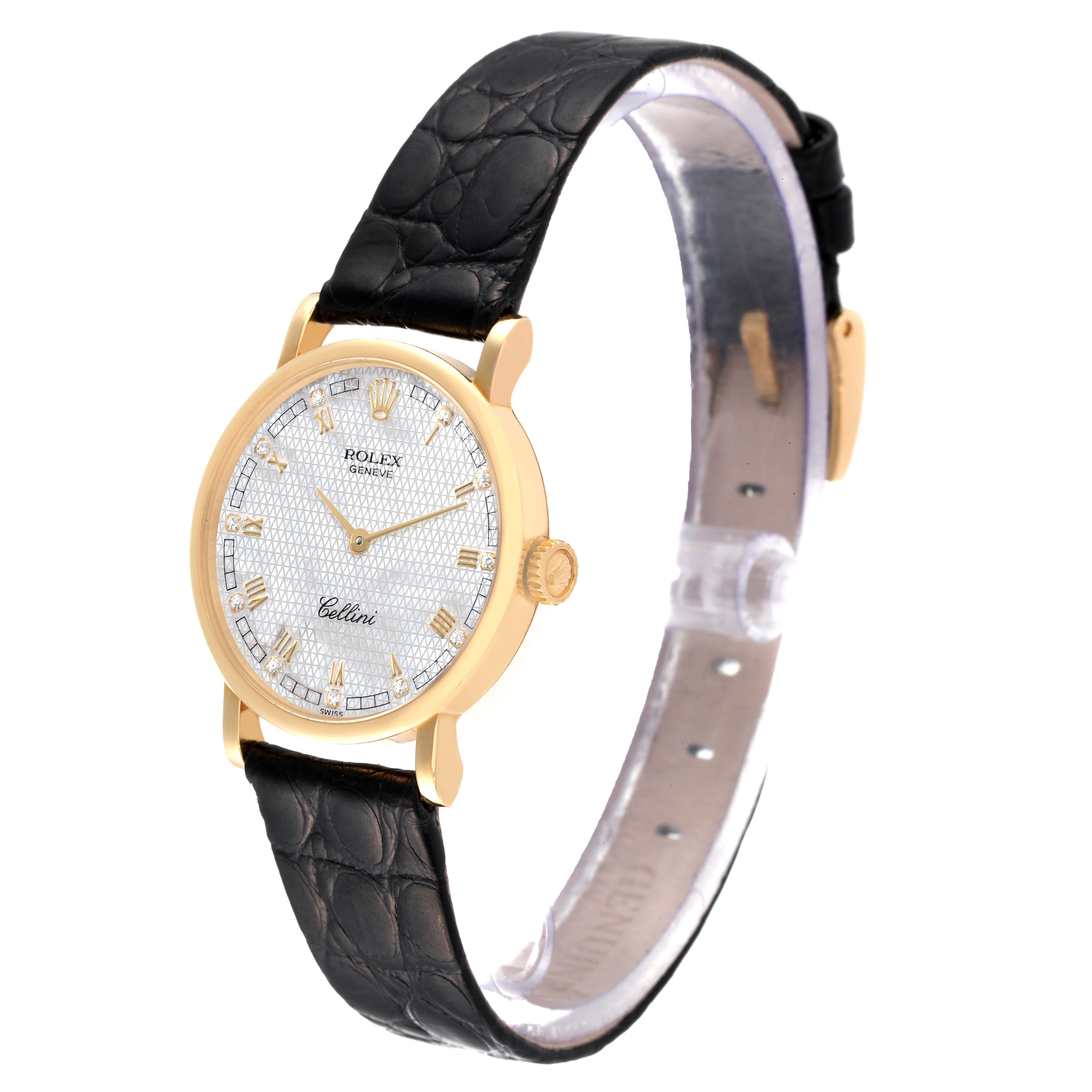 This image shows a Rolex Cellini 5109 Women's Yellow Gold Mother of Pearl Dial 5109 Women's Yellow Gold Mother of Pearl Dial watch at a slight angle, highlighting the face, strap, crown, and part of the clasp.