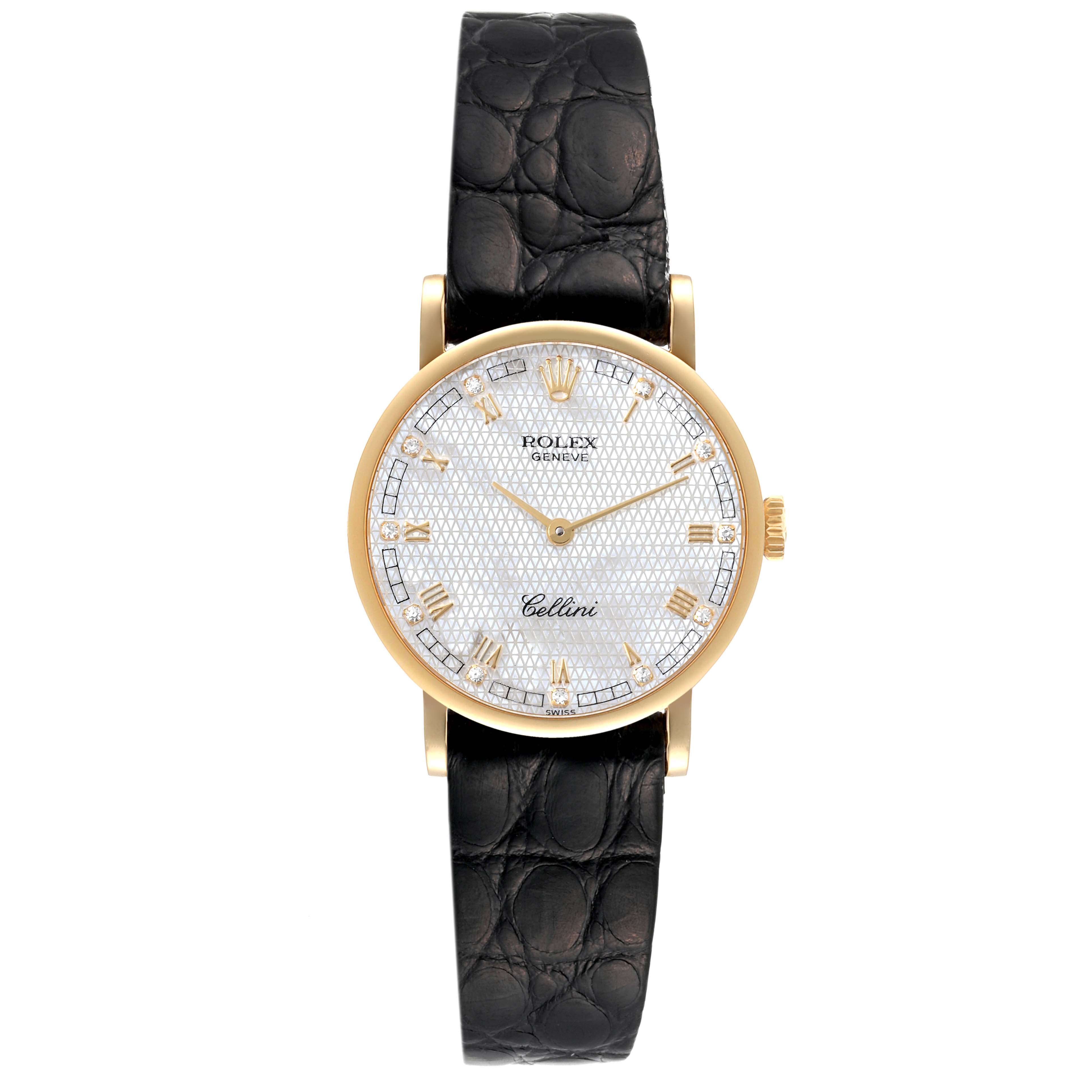 The Rolex Cellini 5109 Women's Yellow Gold Mother of Pearl Dial 5109 Women's Yellow Gold Mother of Pearl Dial watch is shown from a top-down angle, displaying its face, hands, case, and black leather strap.