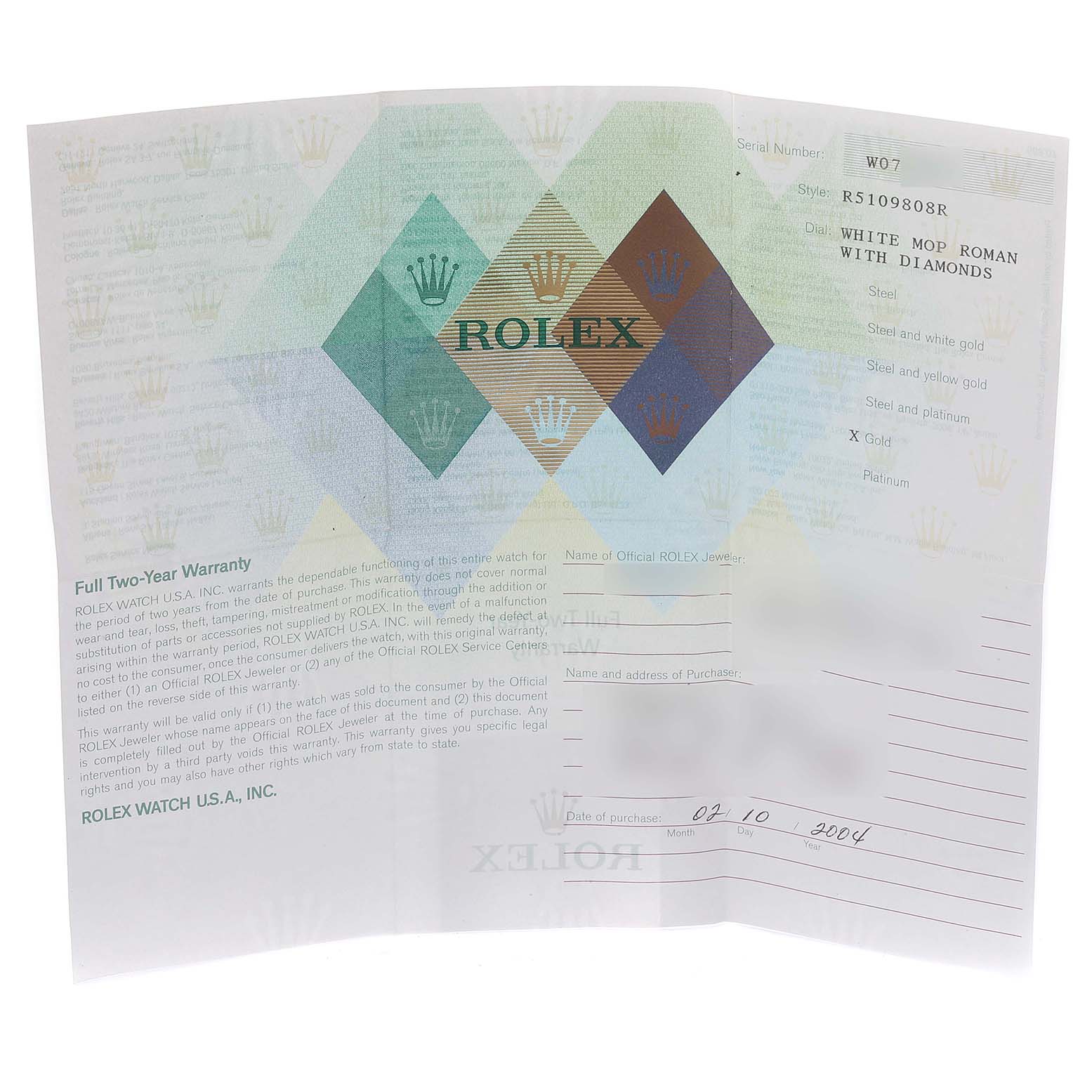 The image shows the warranty card and certificate for a Rolex Cellini 5109 Women's Yellow Gold Mother of Pearl Dial 5109 Women's Yellow Gold Mother of Pearl Dial watch.