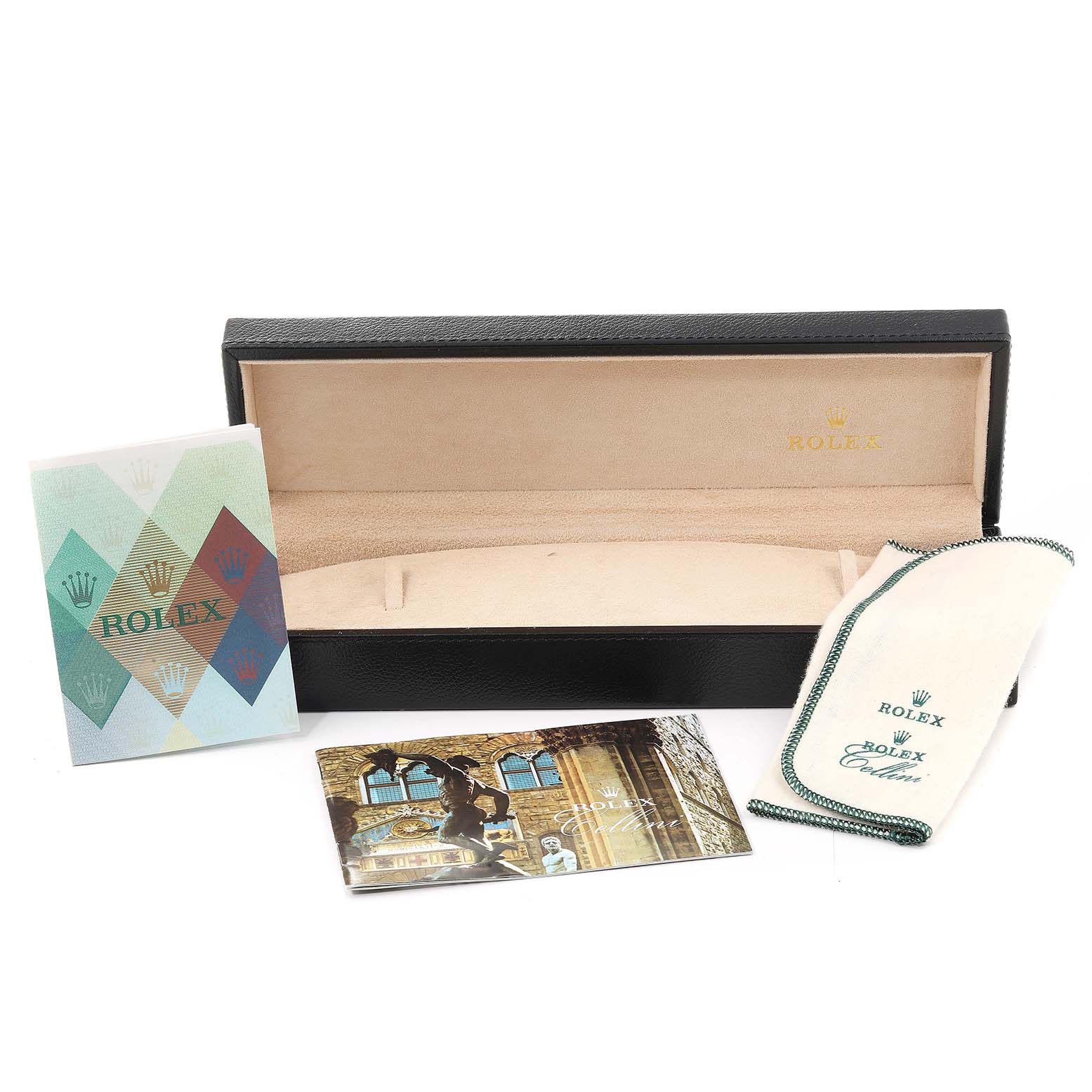 The image shows a Rolex Cellini 5109 Women's Yellow Gold Mother of Pearl Dial 5109 Women's Yellow Gold Mother of Pearl Dial black watch box, a manual, a booklet, and a cleaning cloth.