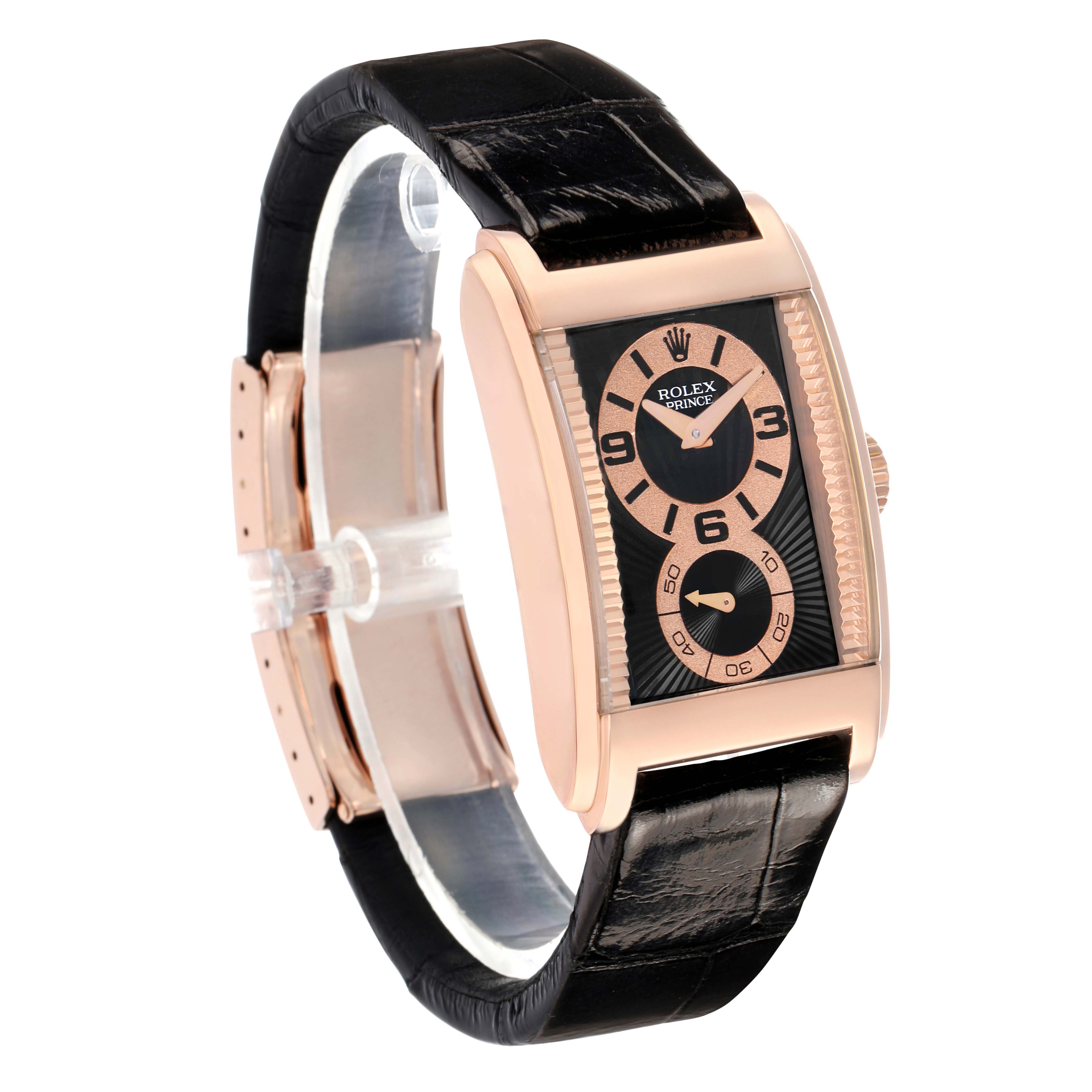 The Rolex Cellini 5442 Men's Rose Gold Black Dial watch is shown at a three-quarter angle, displaying the face, dial, crown, and black leather strap.