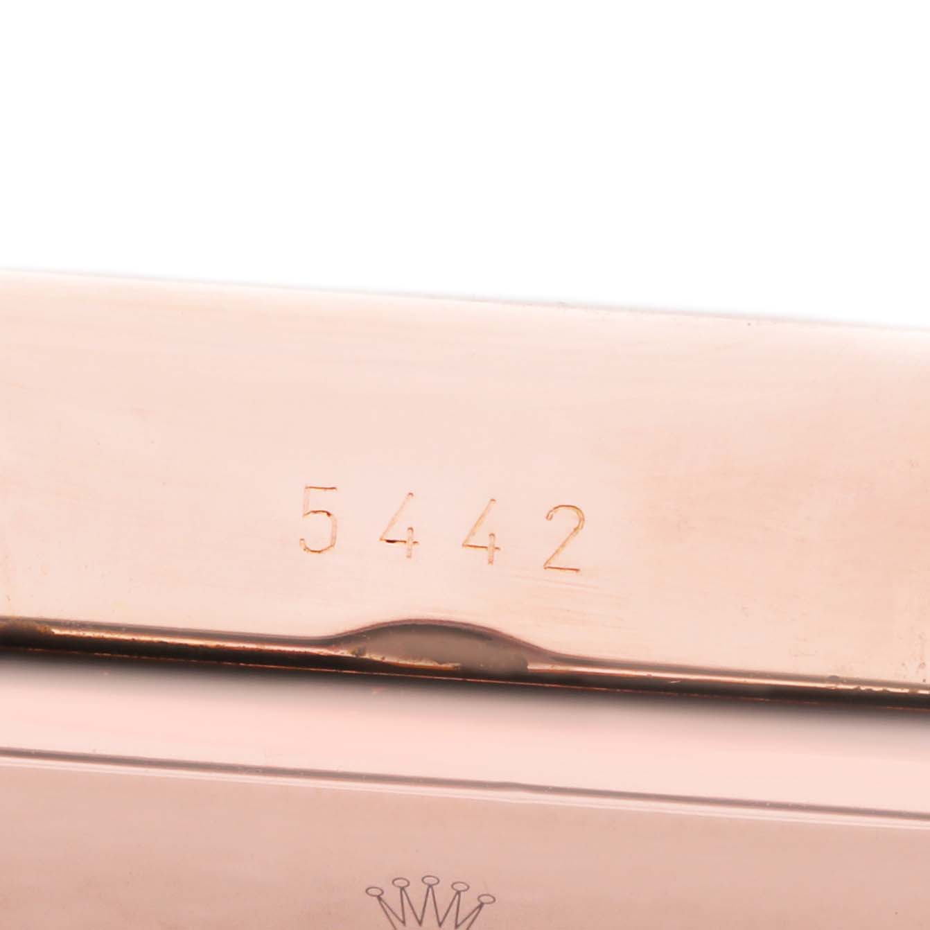 The image shows a close-up of the engraved clasp of a Rolex Cellini 5442 Men's Rose Gold Black Dial watch, with part of its serial number visible.