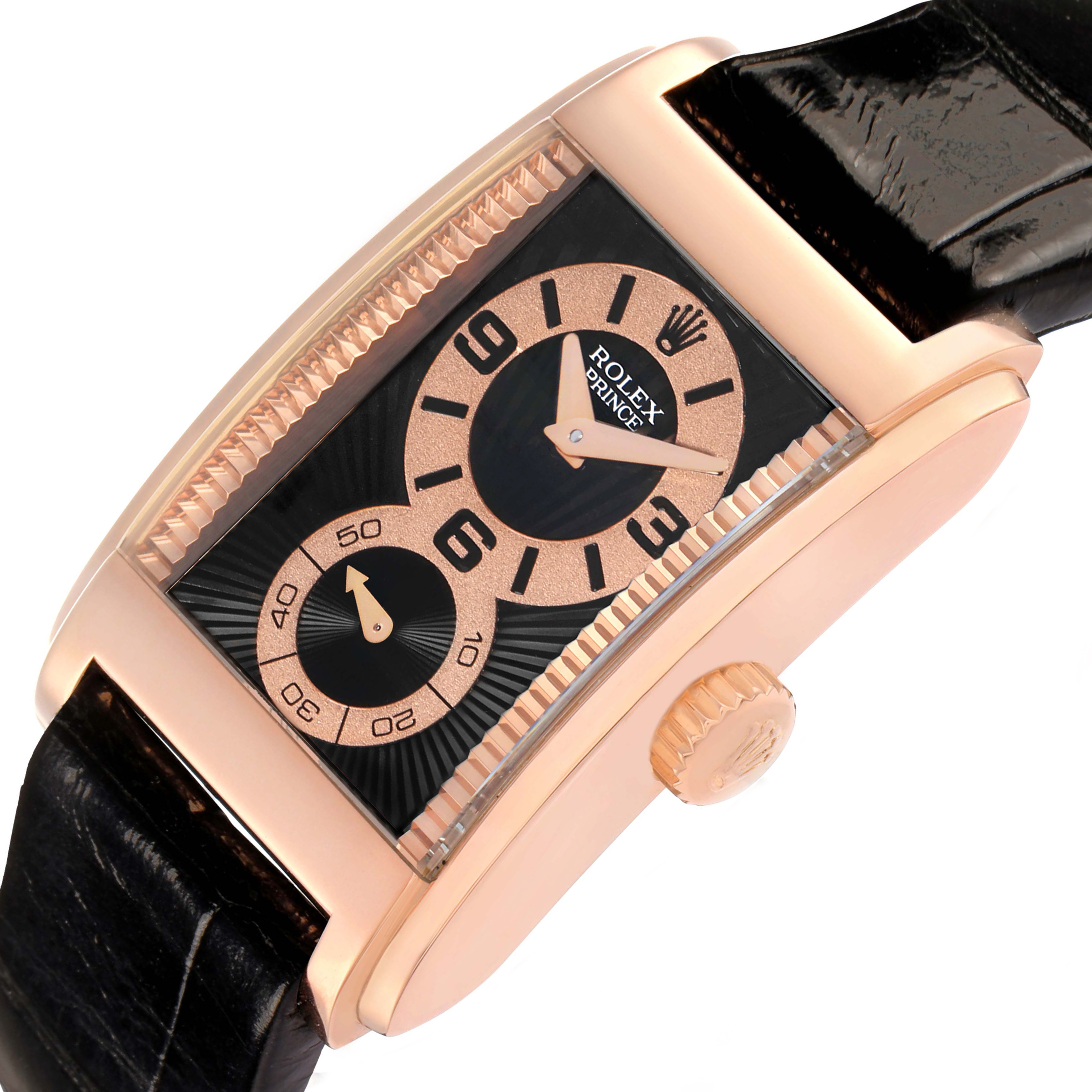 The Rolex Cellini 5442 Men's Rose Gold Black Dial watch is shown at an angled side view, highlighting the case, dial, crown, and leather strap.