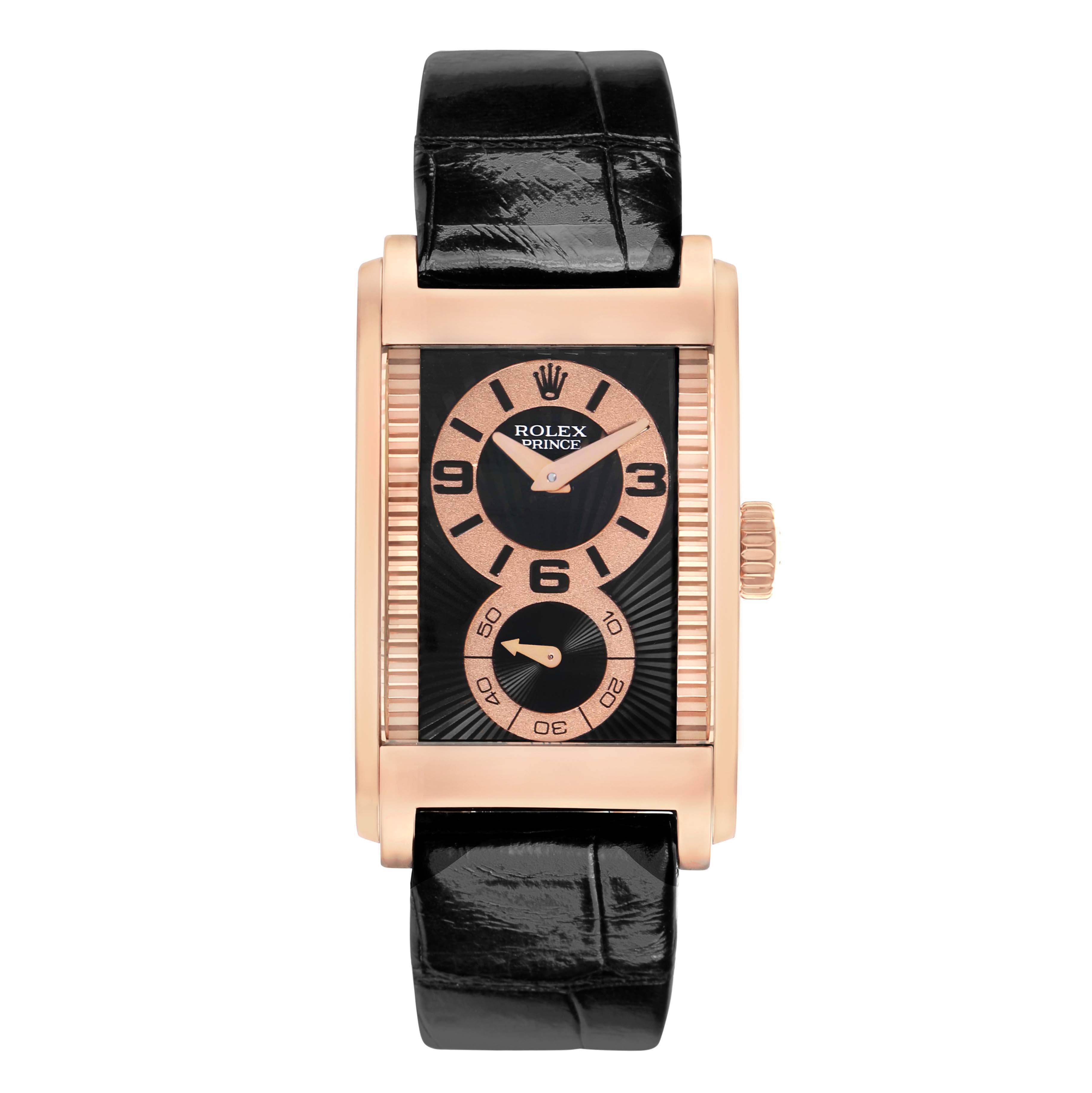 The Rolex Cellini 5442 Men's Rose Gold Black Dial watch is shown from the front, displaying its rectangular dial, rose gold case, and black strap.