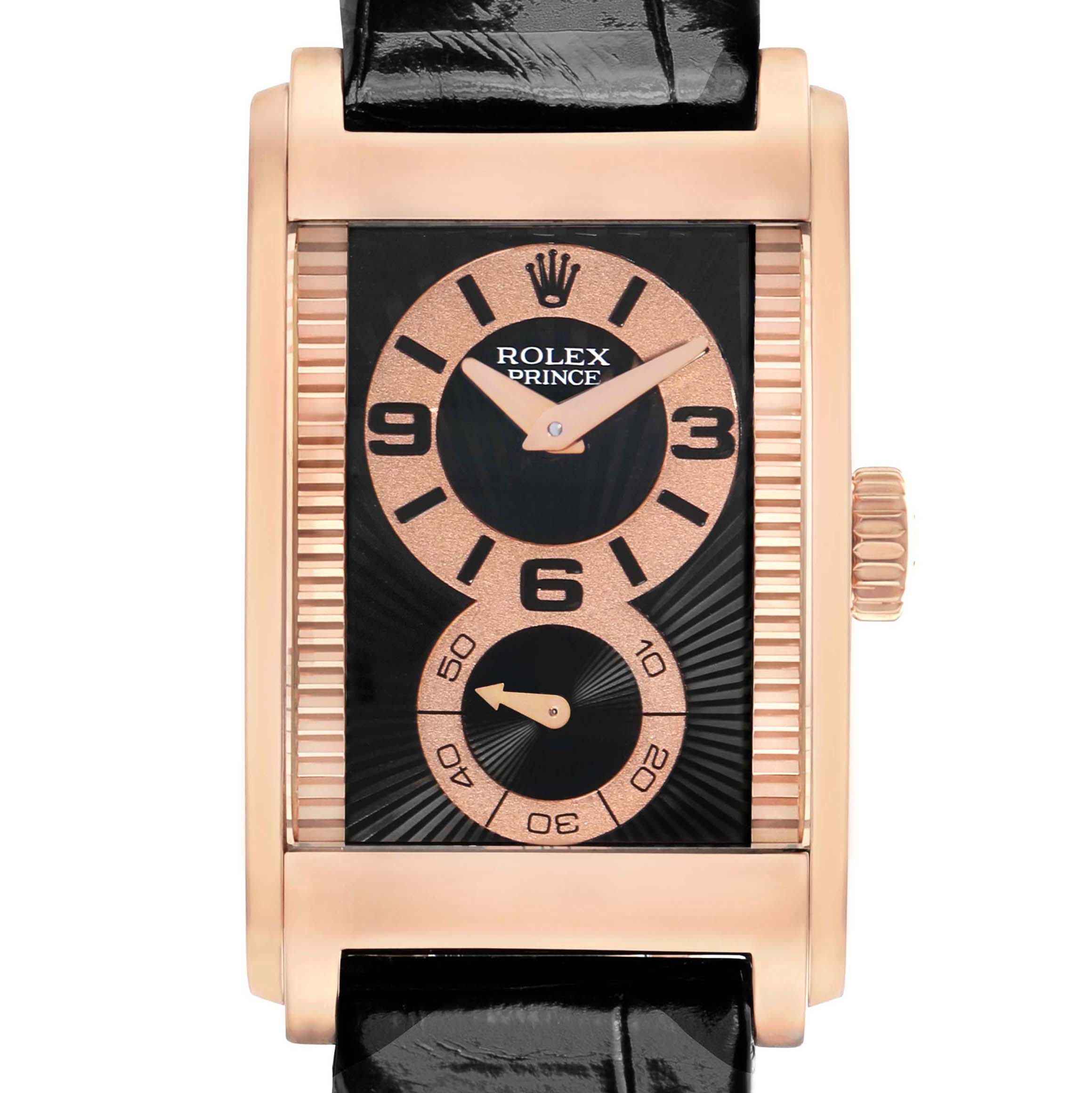 The Rolex Cellini 5442 Men's Rose Gold Black Dial Prince watch is shown from a front angle, highlighting its rectangular case, dual dials, and crown.