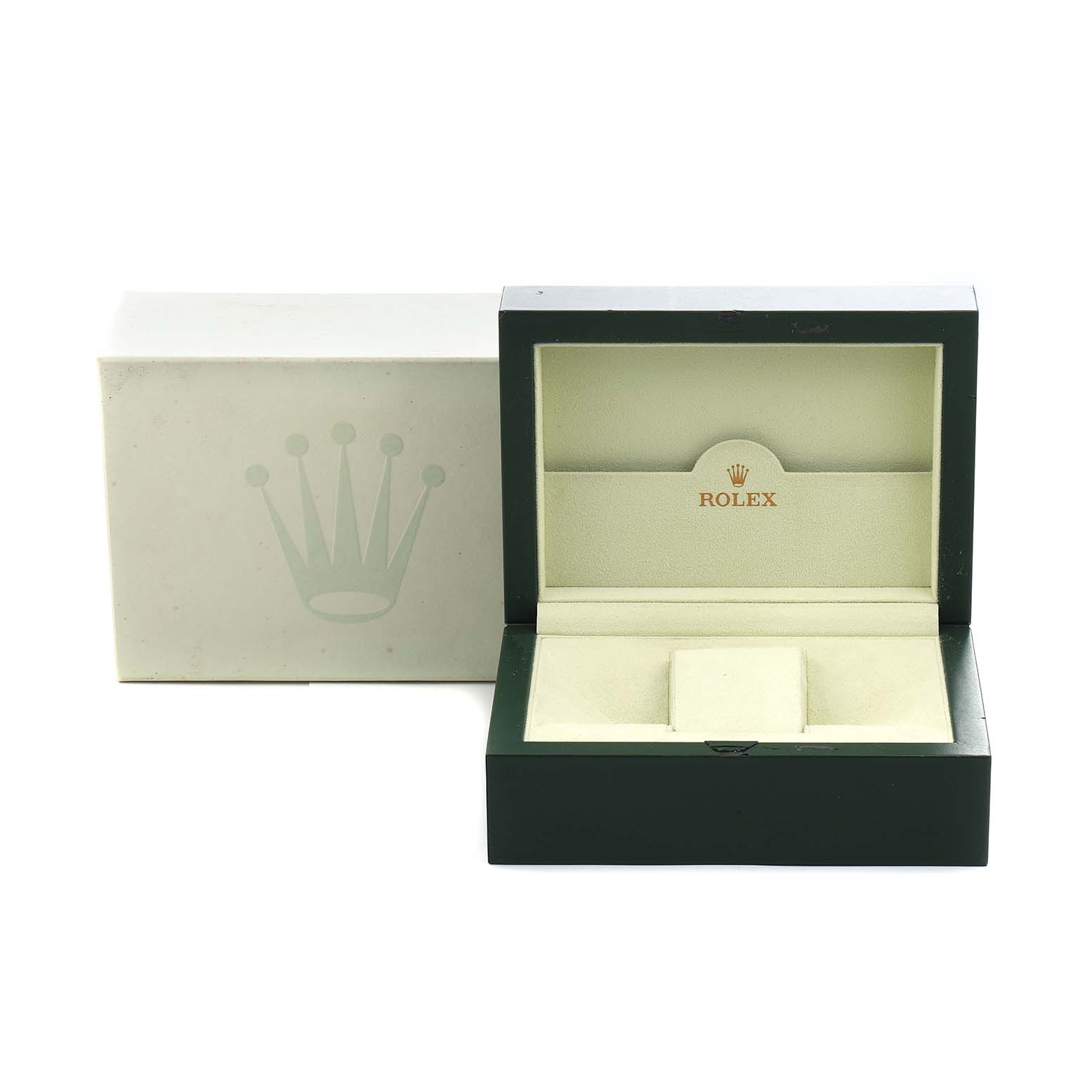 The image shows a Rolex Cellini 5442 Men's Rose Gold Black Dial watch box with an outer box, viewed from the front, with both open and empty.