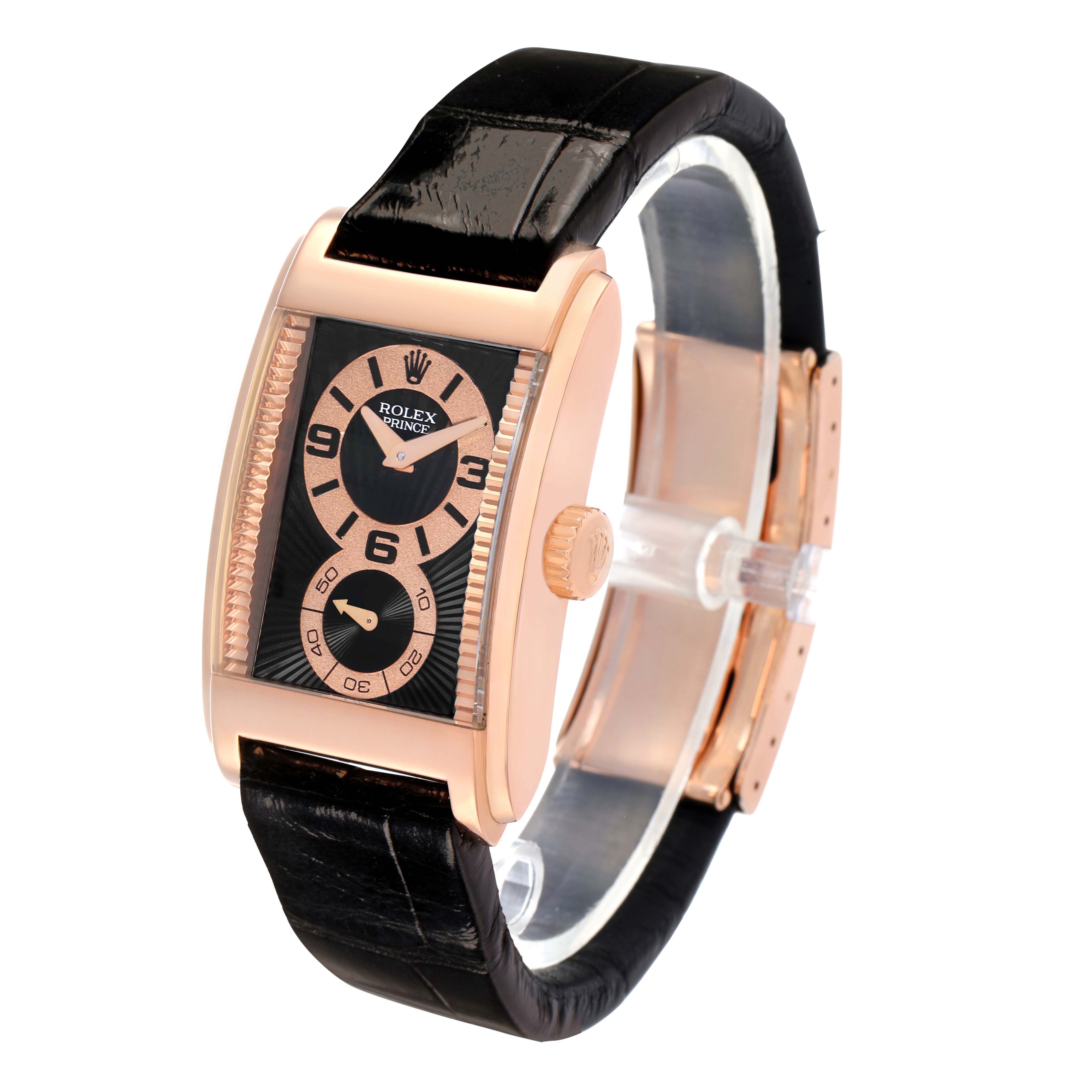 The Rolex Cellini 5442 Men's Rose Gold Black Dial watch is shown from a three-quarter angle, highlighting the rose gold case, black dial, and leather strap.