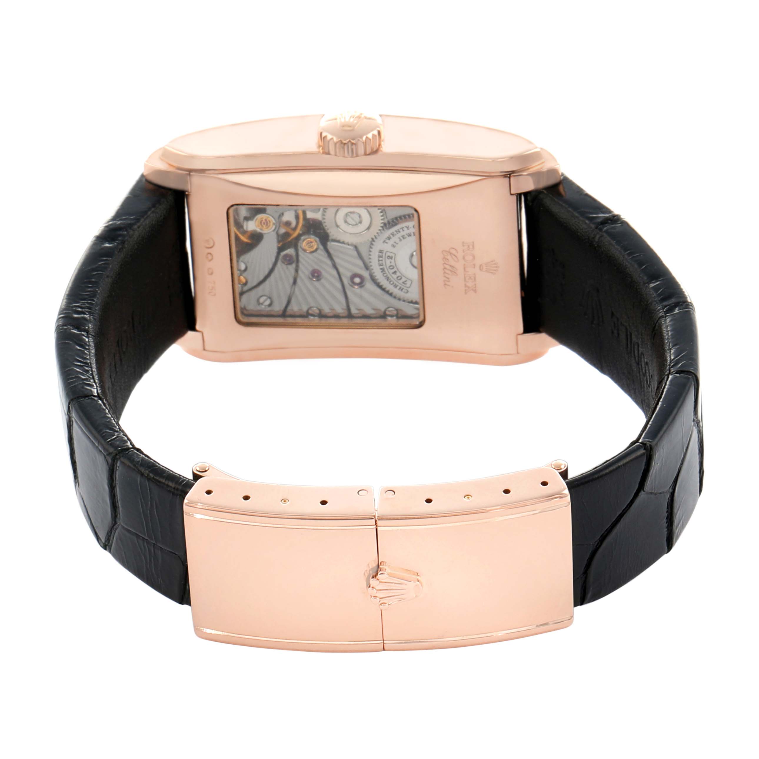 The image shows the back and clasp of a Rolex Cellini 5442 Men's Rose Gold Black Dial watch, displaying the case back and a leather strap.