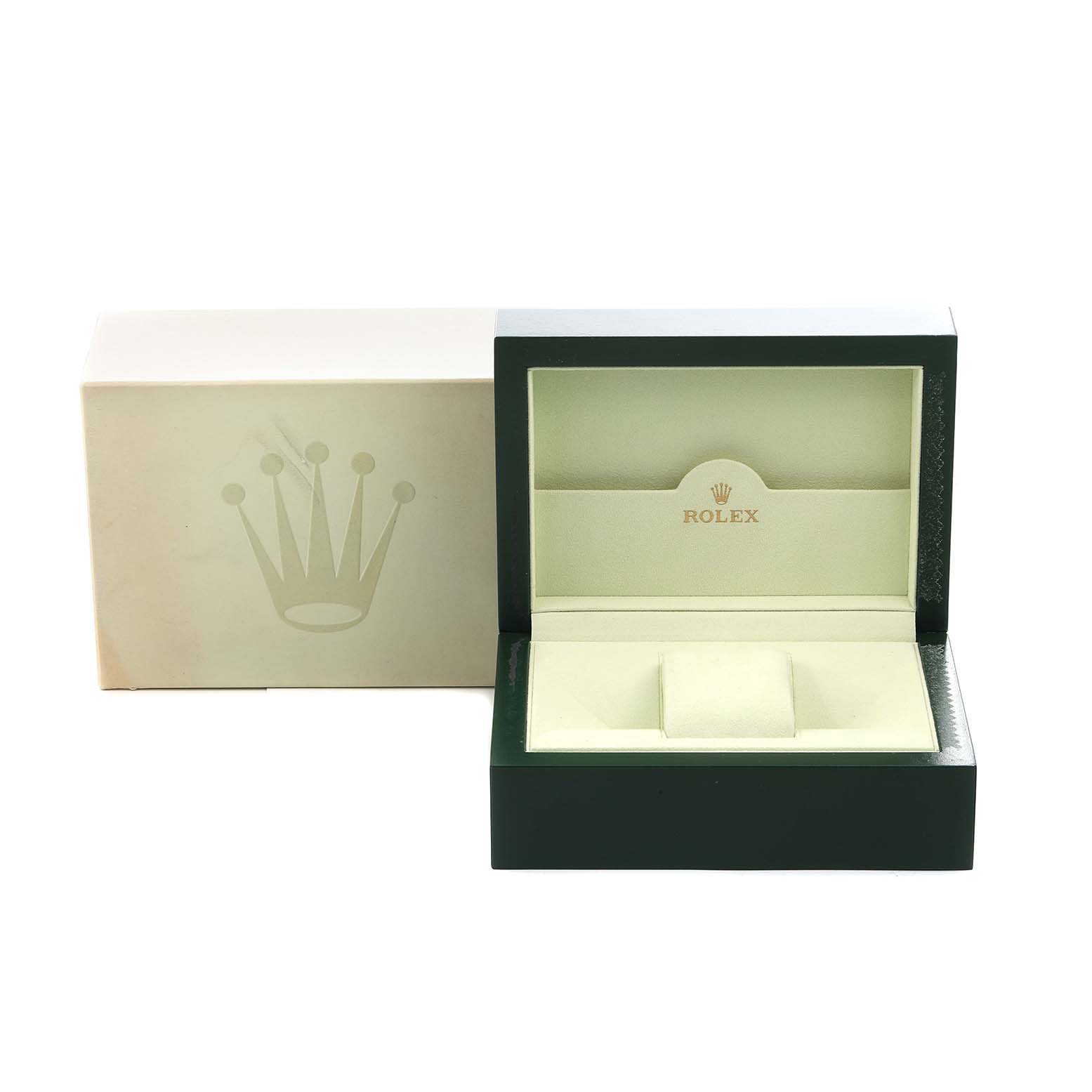 The image shows an open Rolex Cellini 5440 Men's Yellow Gold Champagne Dial watch box from a front angle, displaying its inner compartments and logo.