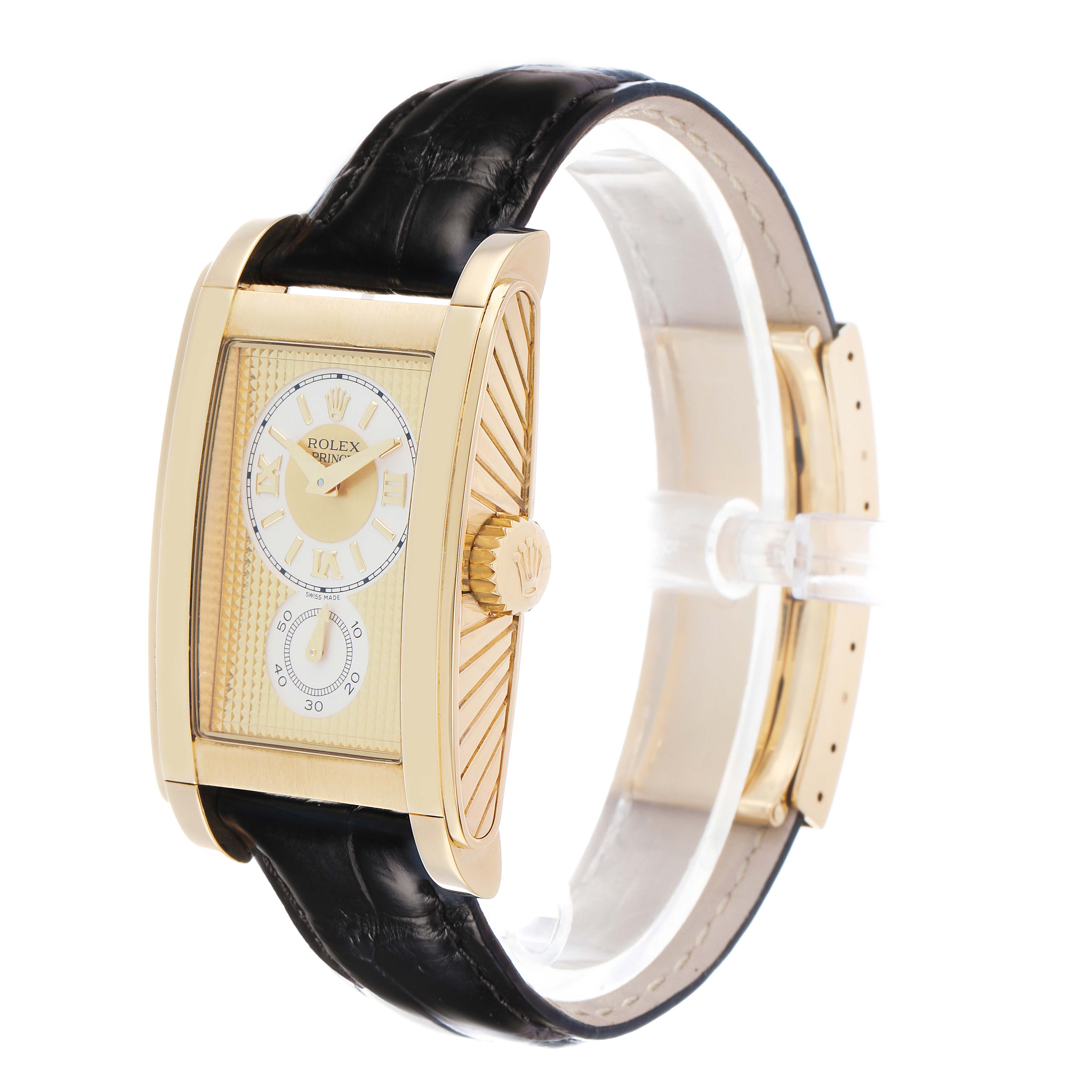 The Rolex Cellini 5440 Men's Yellow Gold Champagne Dial watch is shown at a three-quarter angle, displaying the dial, crown, and leather strap.