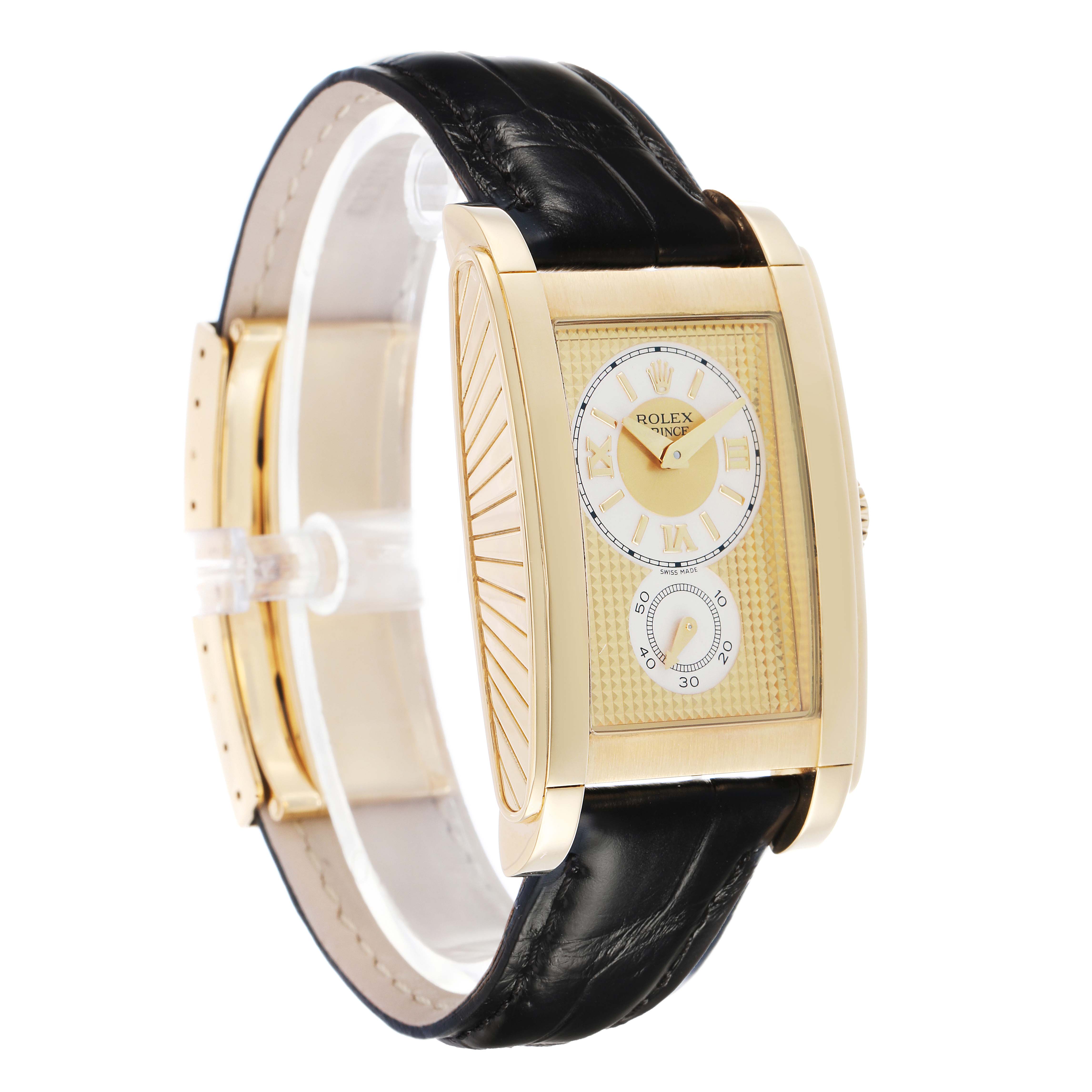 The Rolex Cellini 5440 Men's Yellow Gold Champagne Dial watch is shown at a three-quarter angle, highlighting its rectangular face, gold casing, and black leather strap.