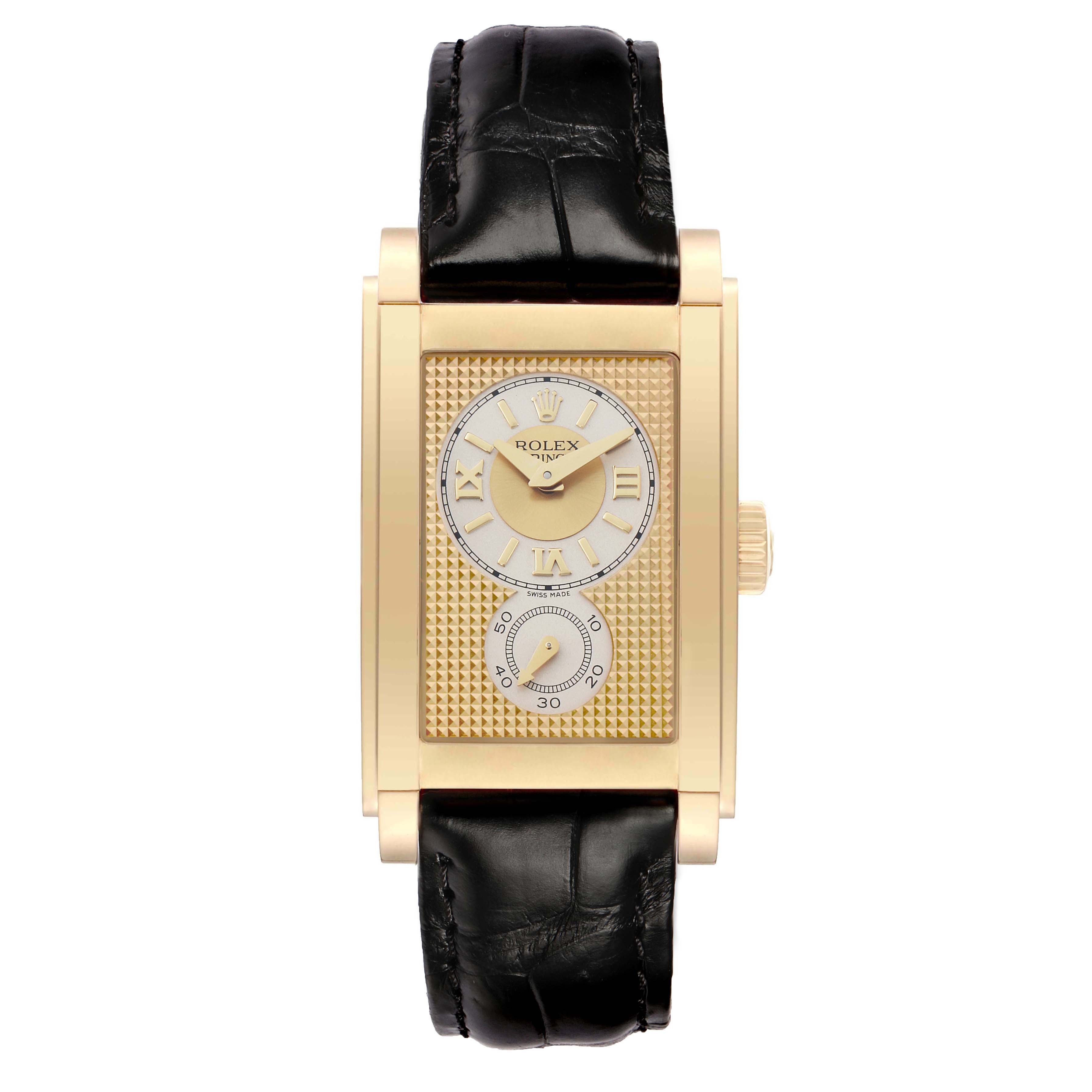 The Rolex Cellini 5440 Men's Yellow Gold Champagne Dial watch is shown from a top view, highlighting its rectangular gold case, textured dial, and black leather strap.