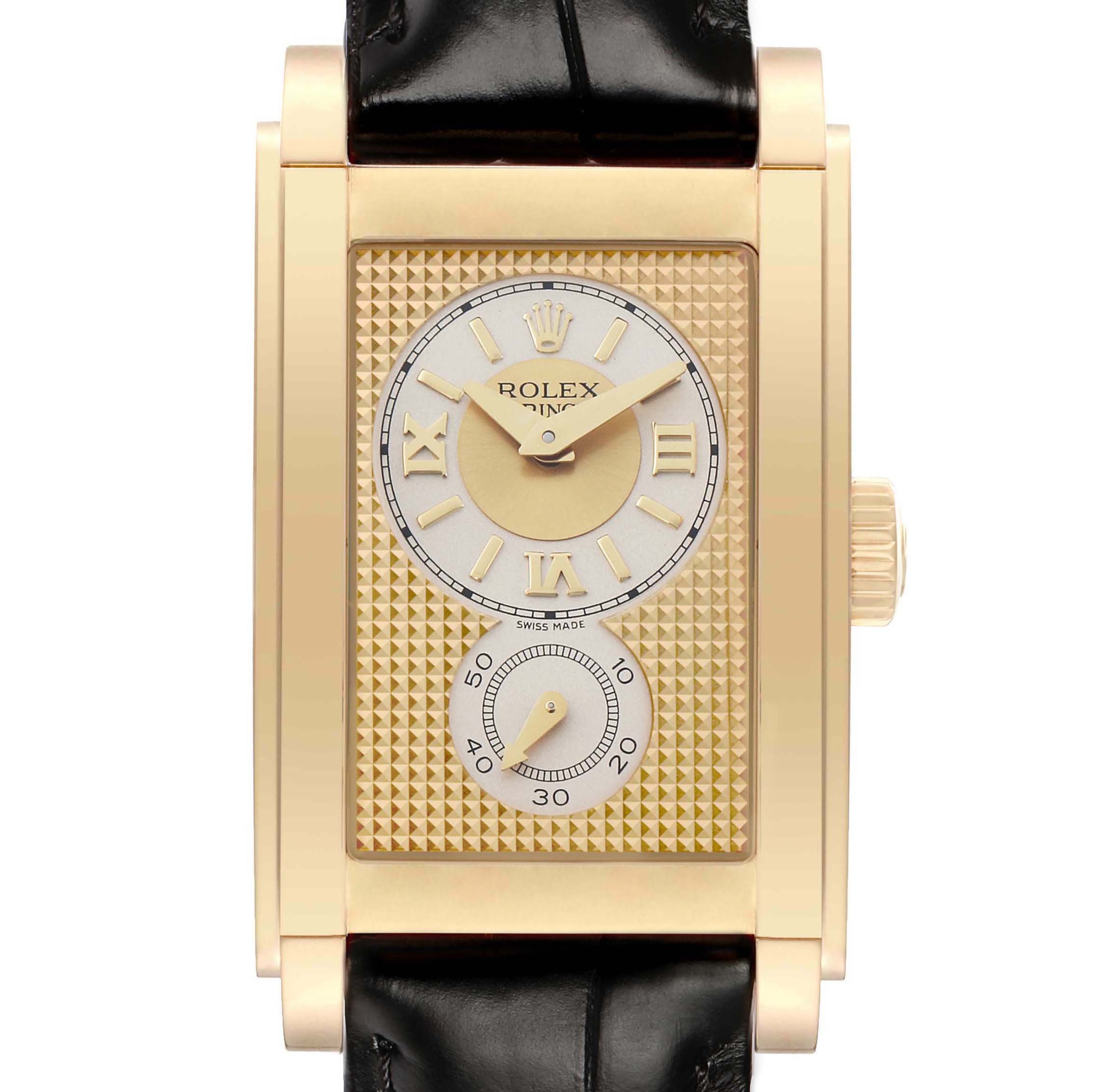 The Rolex Cellini 5440 Men's Yellow Gold Champagne Dial watch is shown from a top-down angle, highlighting its rectangular case, dial, and black leather strap.