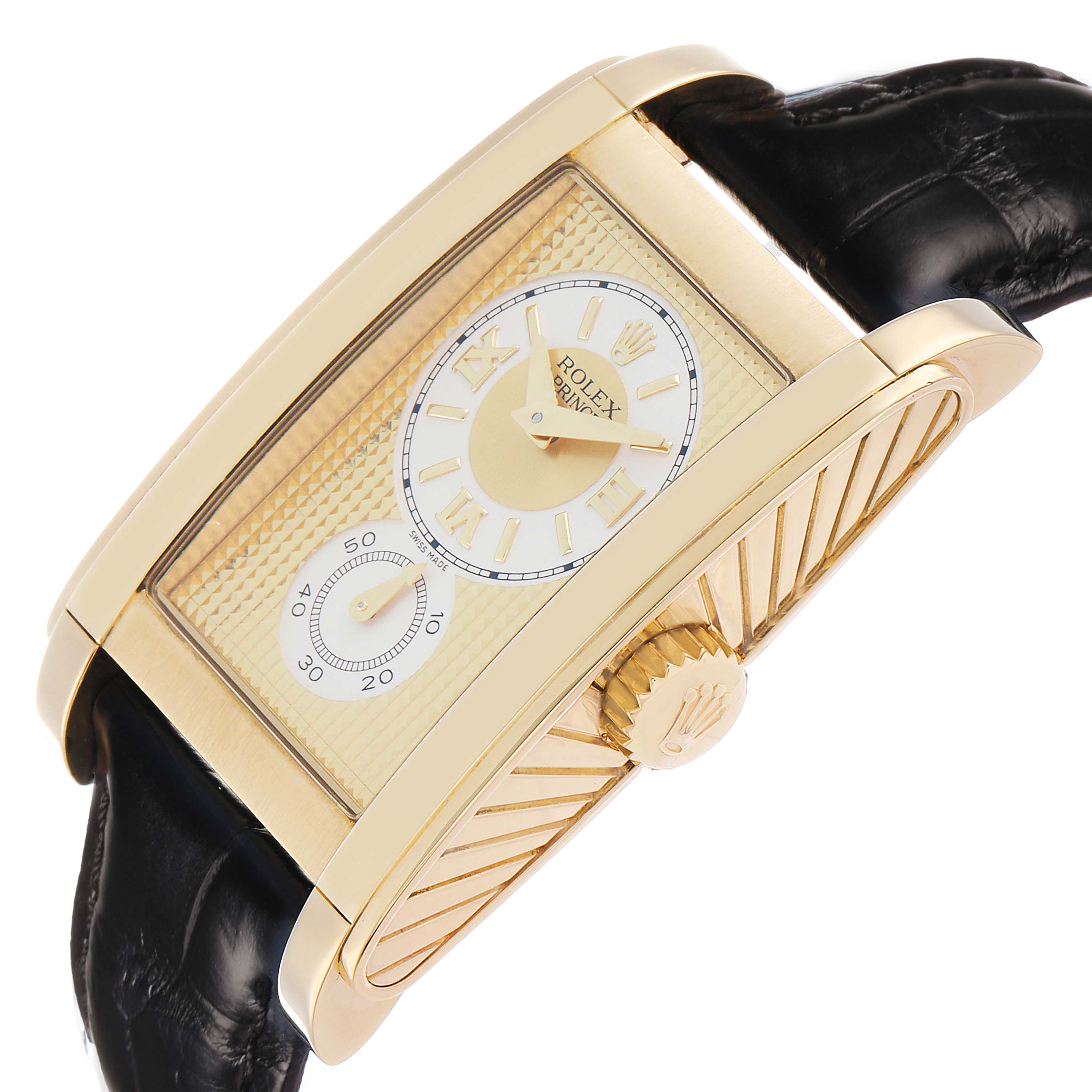 The Rolex Cellini 5440 Men's Yellow Gold Champagne Dial watch is angled to highlight its gold case, crown, dial, and leather strap.