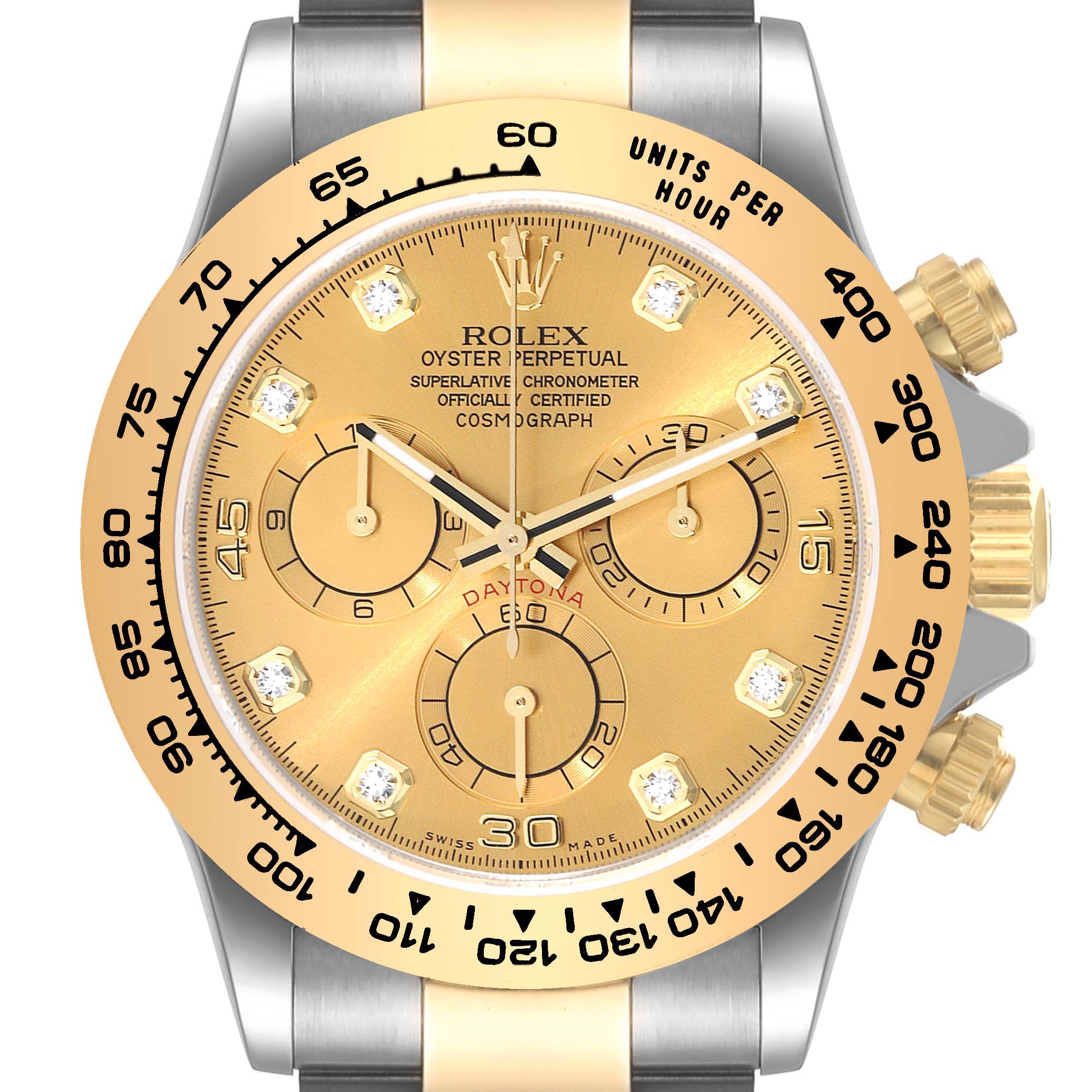 The image shows a front view of the Rolex Daytona 116503 Men
s Steel and Gold (two tone) Champagne Dial 116503 Men
s Steel and Gold (two tone) Champagne Dial watch, showcasing its dial, bezels, and chronograph subdials.