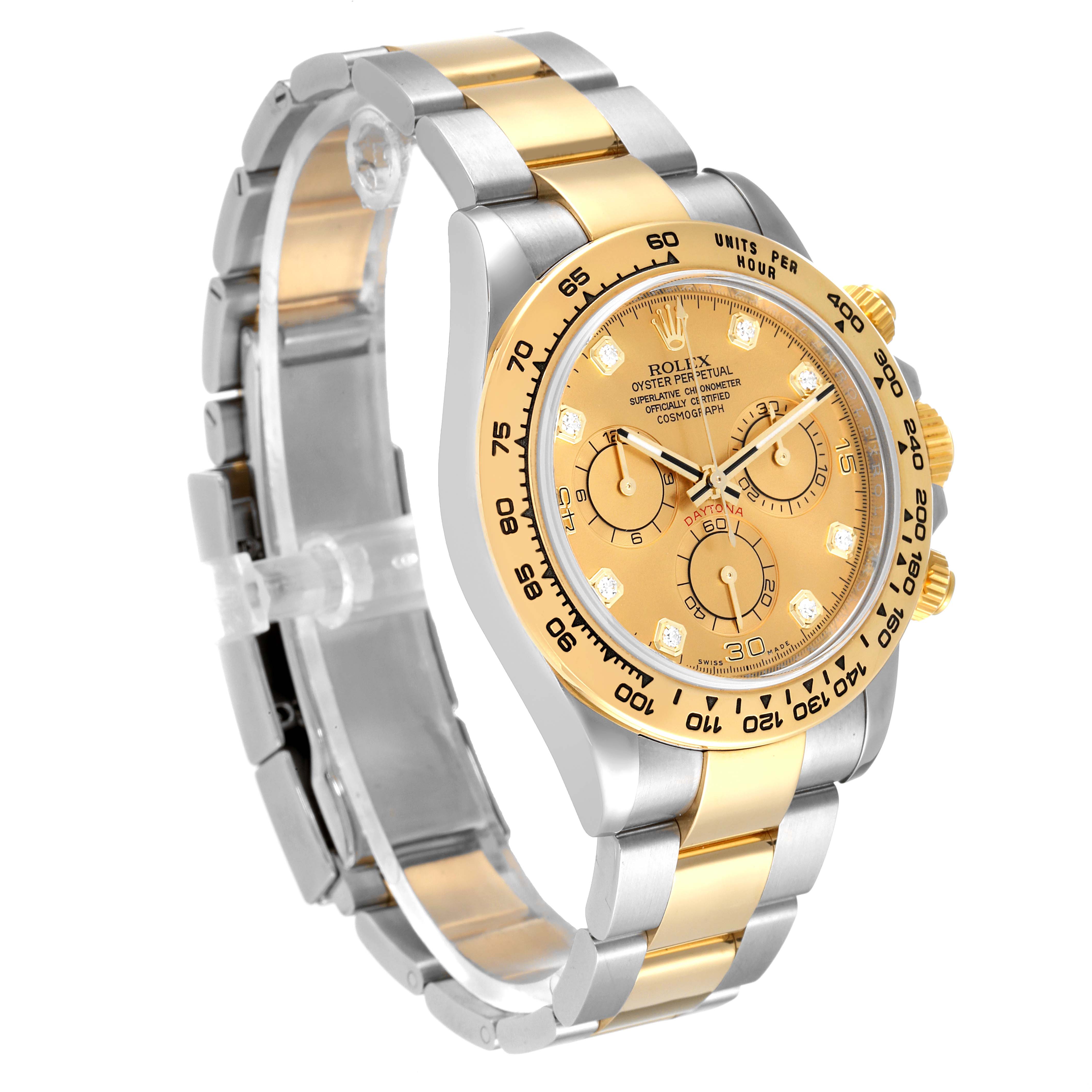 The image shows a side angle of a Rolex Daytona 116503 Men
s Steel and Gold (two tone) Champagne Dial 116503 Men
s Steel and Gold (two tone) Champagne Dial watch, featuring a gold and silver bracelet and a gold dial with three subdials.