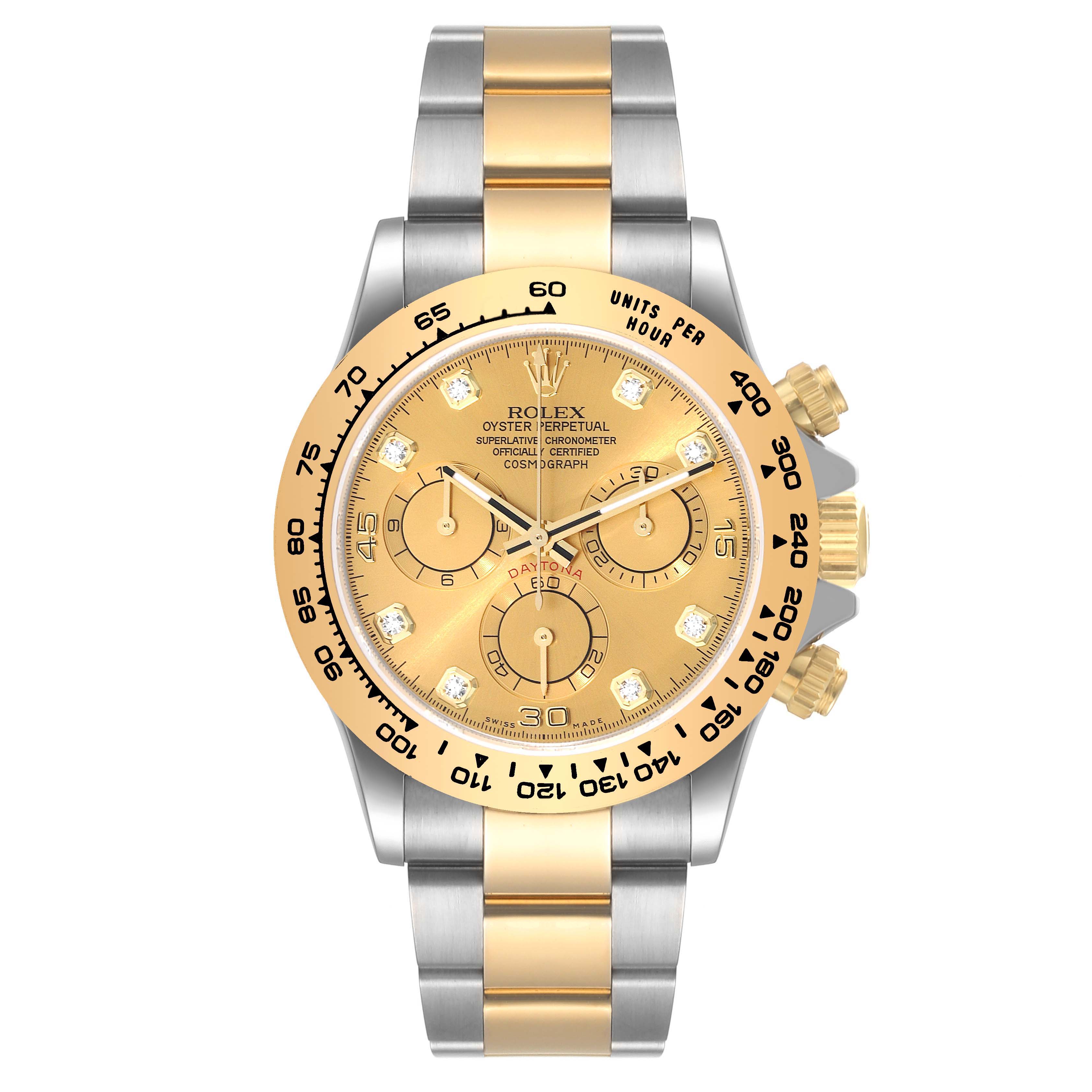 This image shows a front view of a Rolex Daytona 116503 Men
s Steel and Gold (two tone) Champagne Dial 116503 Men
s Steel and Gold (two tone) Champagne Dial watch, highlighting its gold and silver bracelet, three sub-dials, and tachymeter bezel.