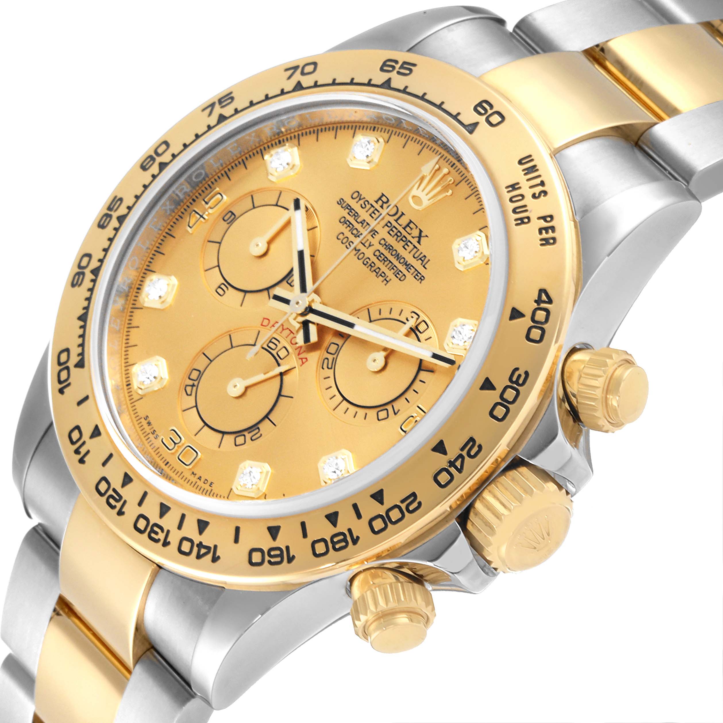 The image shows a close-up angle of the Rolex Daytona 116503 Men
s Steel and Gold (two tone) Champagne Dial 116503 Men
s Steel and Gold (two tone) Champagne Dial watch, focusing on the dial, bezel, and crown.