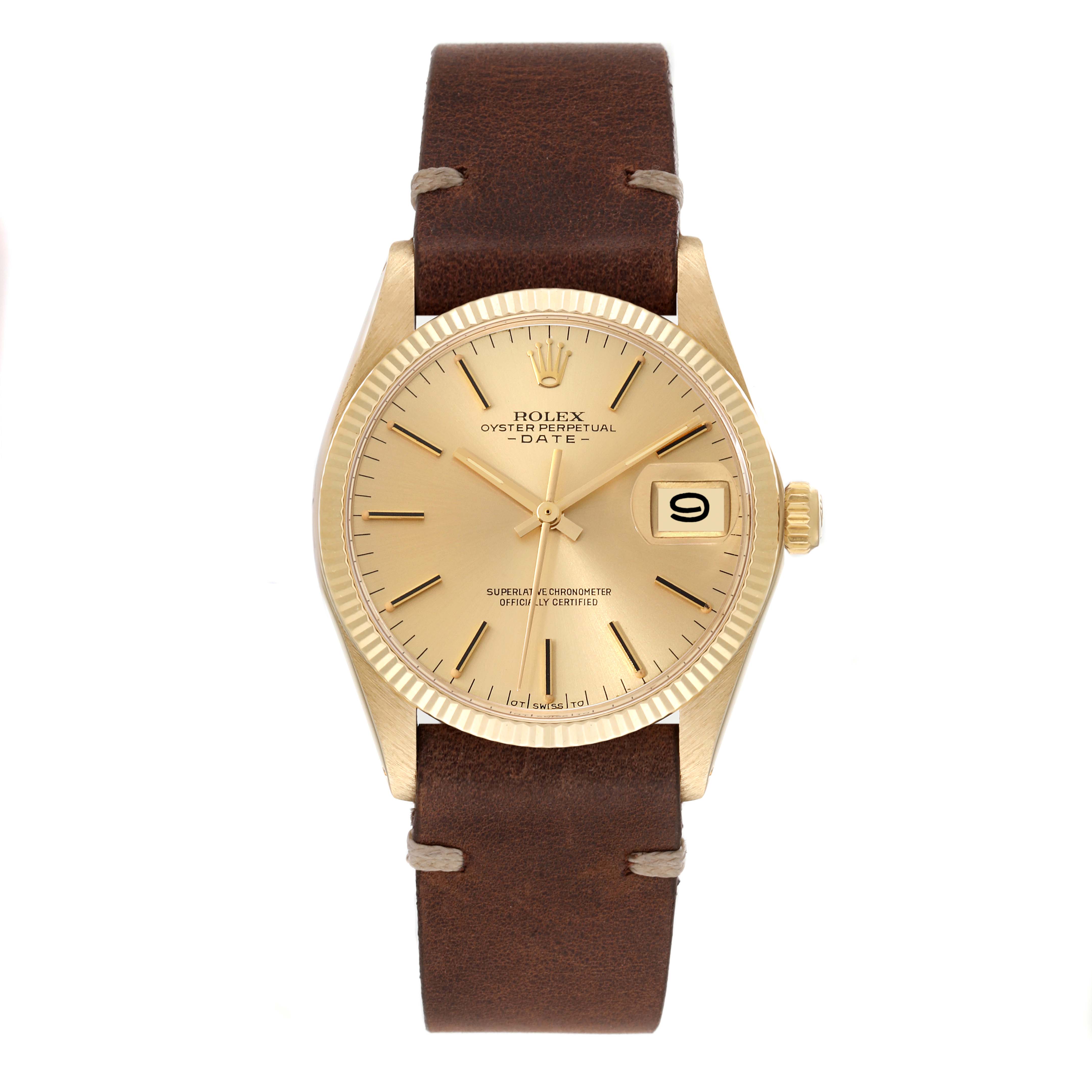 This image shows a front view of the Rolex Vintage Collection 1503 Men's Yellow Gold Champagne Dial 1503 Men's Yellow Gold Champagne Dial model, featuring a gold dial, date display, and a brown leather strap.