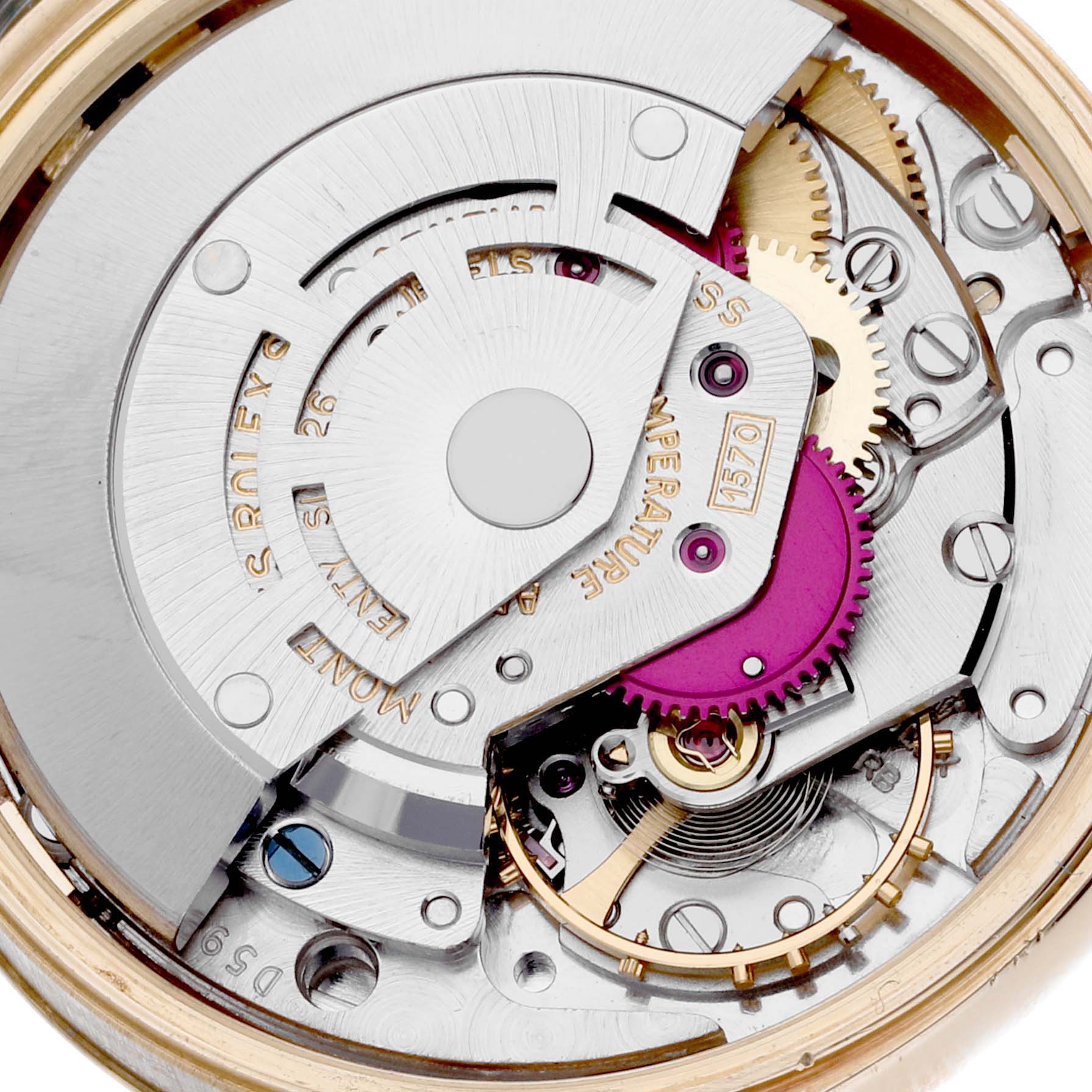 This image shows a close-up of the movement mechanism inside the Rolex Vintage Collection 1503 Men's Yellow Gold Champagne Dial 1503 Men's Yellow Gold Champagne Dial model watch.