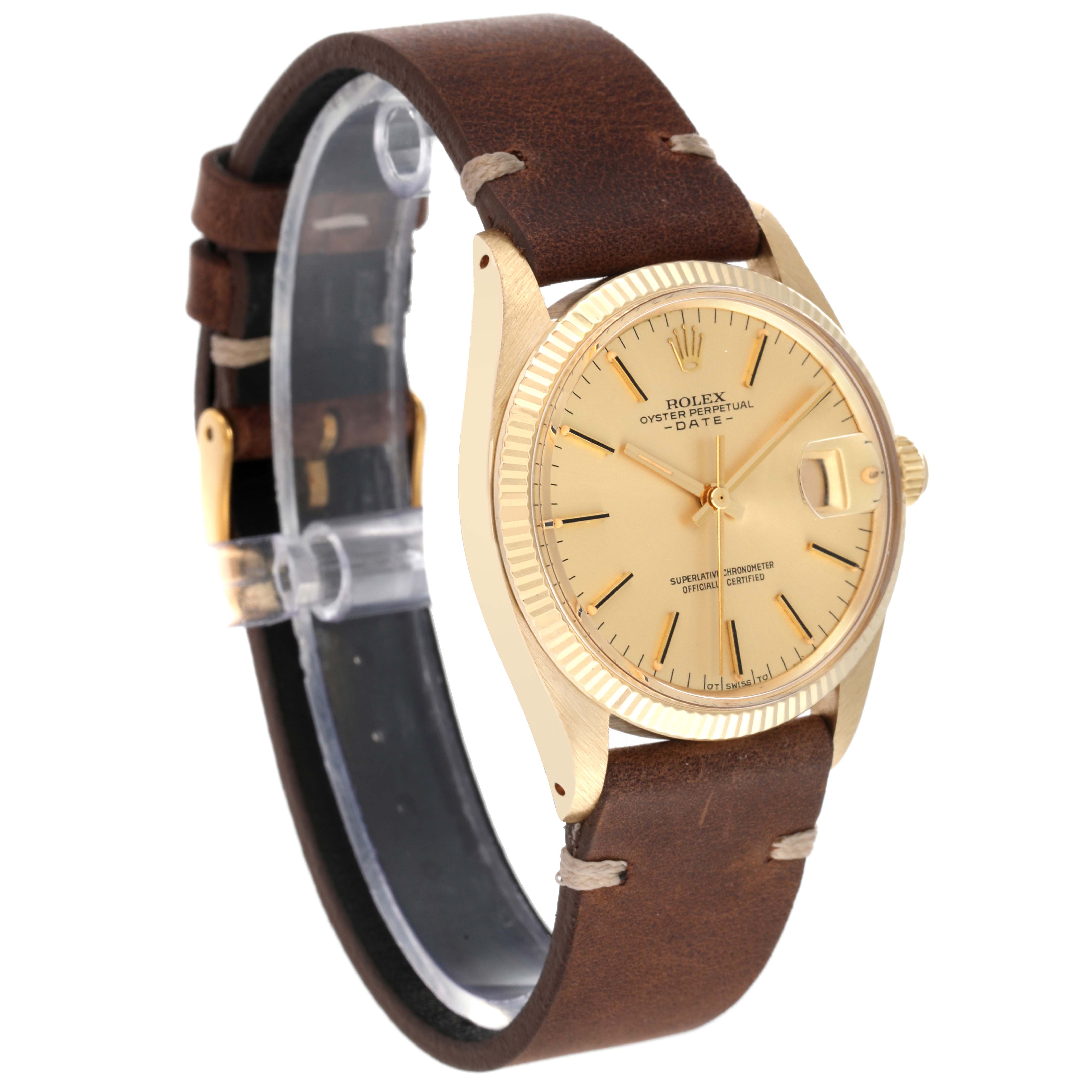 This image shows a Rolex Vintage Collection 1503 Men's Yellow Gold Champagne Dial 1503 Men's Yellow Gold Champagne Dial watch at an angled side view, highlighting its brown leather strap, gold case, and dial.
