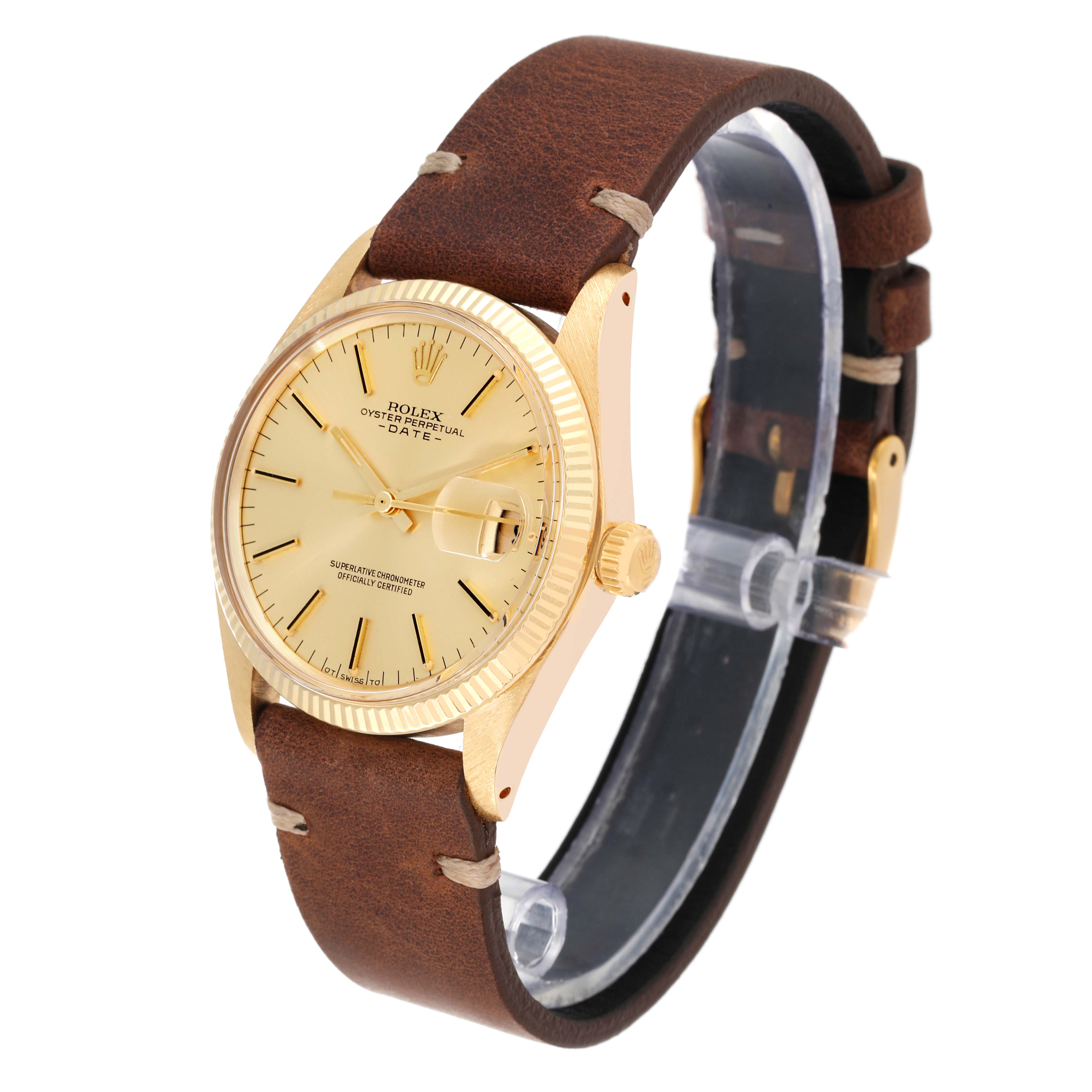 The Rolex Vintage Collection 1503 Men's Yellow Gold Champagne Dial 1503 Men's Yellow Gold Champagne Dial watch is shown at an oblique angle, featuring a brown leather strap and gold case.