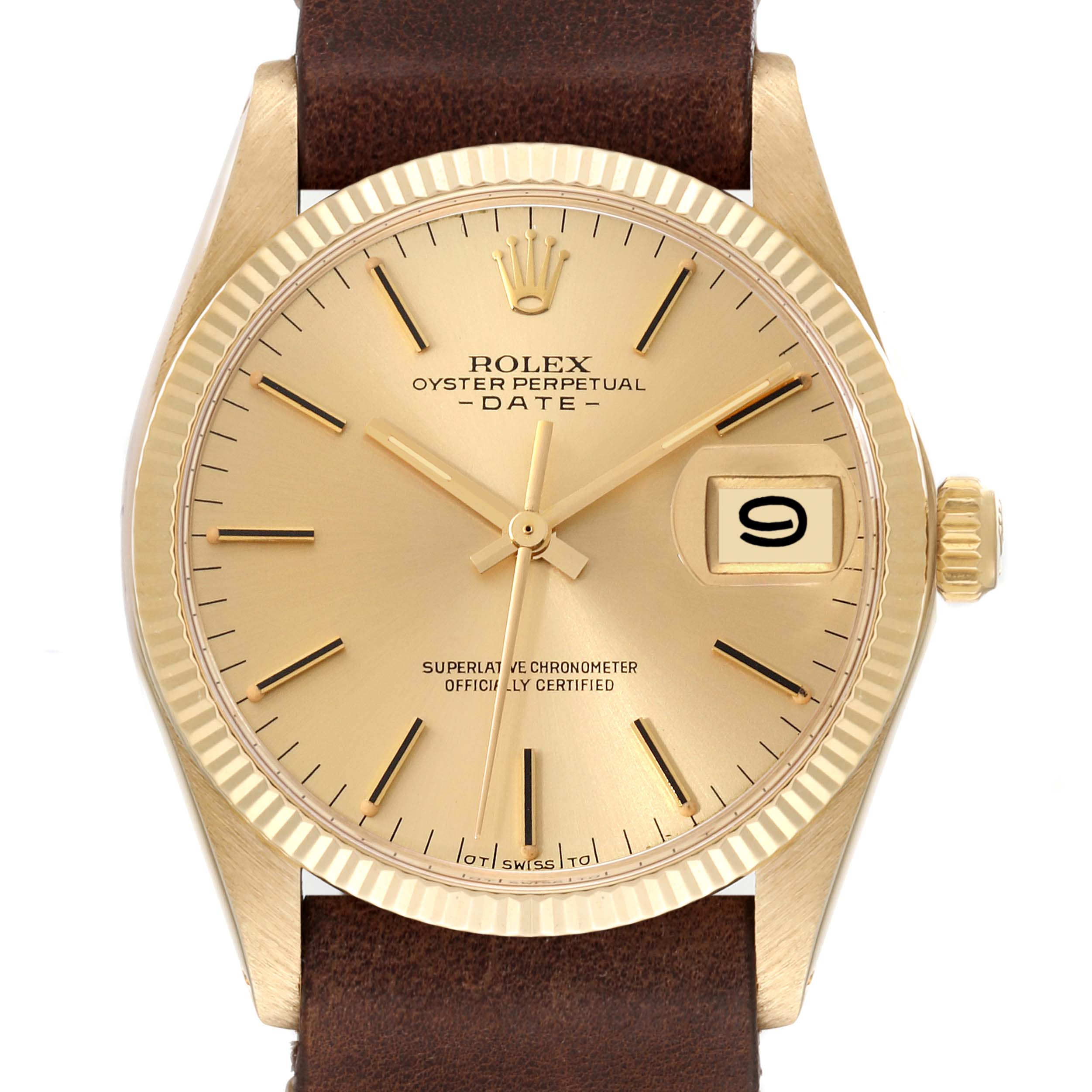 This image shows a front view of the Rolex Vintage Collection 1503 Men's Yellow Gold Champagne Dial 1503 Men's Yellow Gold Champagne Dial Oyster Perpetual Date, highlighting its face, hands, crown, and date window.