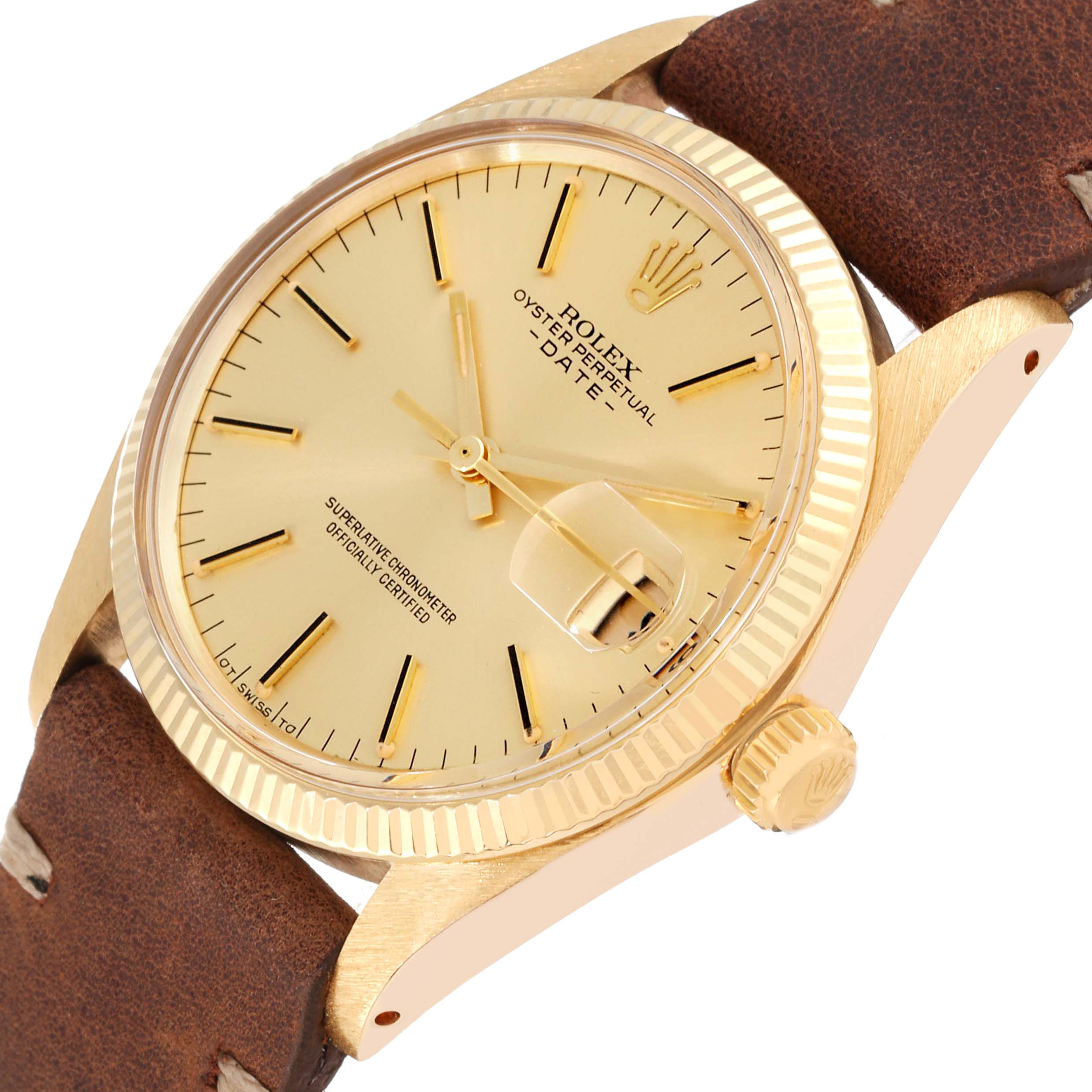 The image shows a close-up, angled view of a Rolex Vintage Collection 1503 Men's Yellow Gold Champagne Dial 1503 Men's Yellow Gold Champagne Dial Oyster Perpetual Date watch with a brown leather strap.