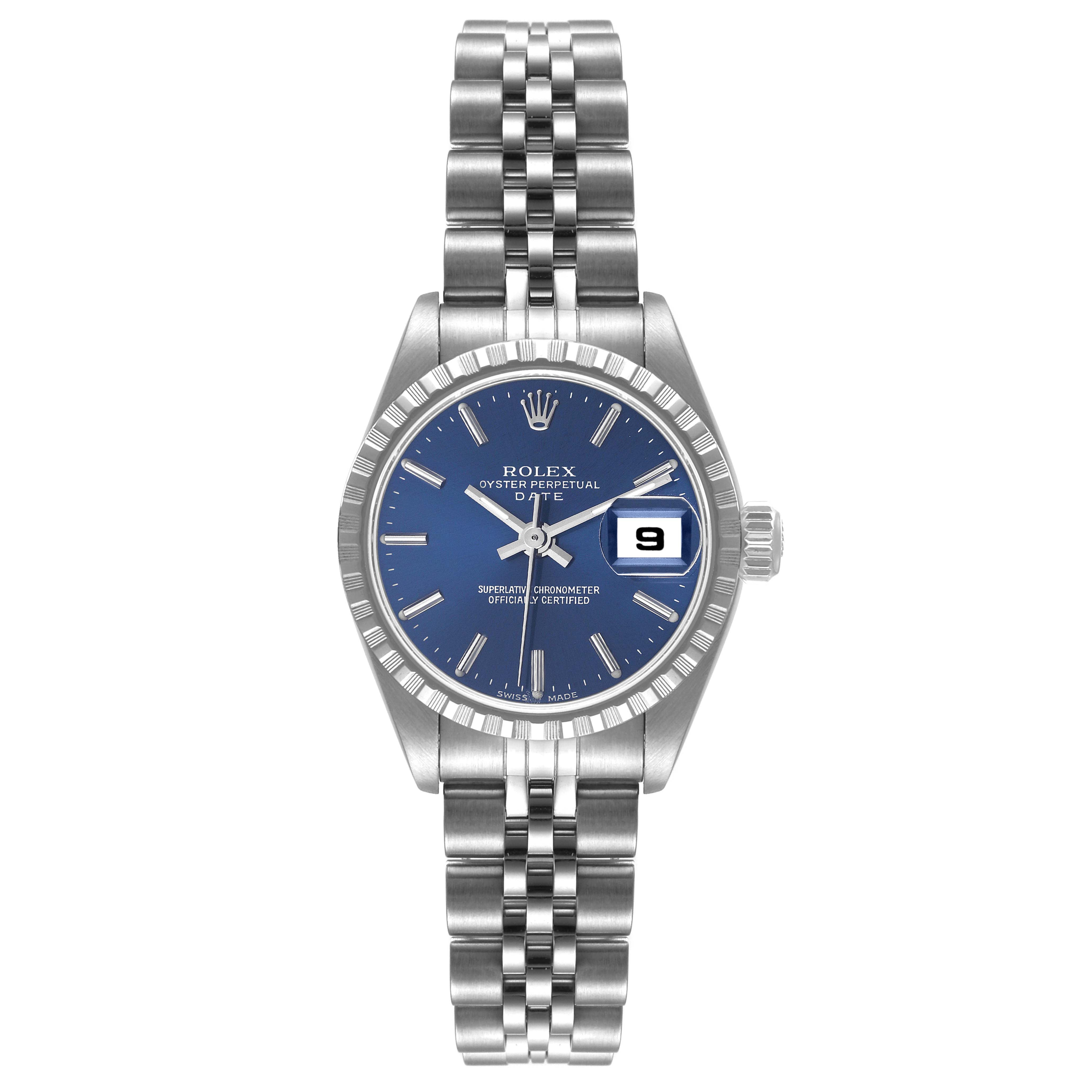 The Rolex Date 79240 Women
s Stainless Steel Blue Dial 79240 Women
s Stainless Steel Blue Dial model watch is shown from a top-down angle, featuring the face, bezel, crown, and bracelet.