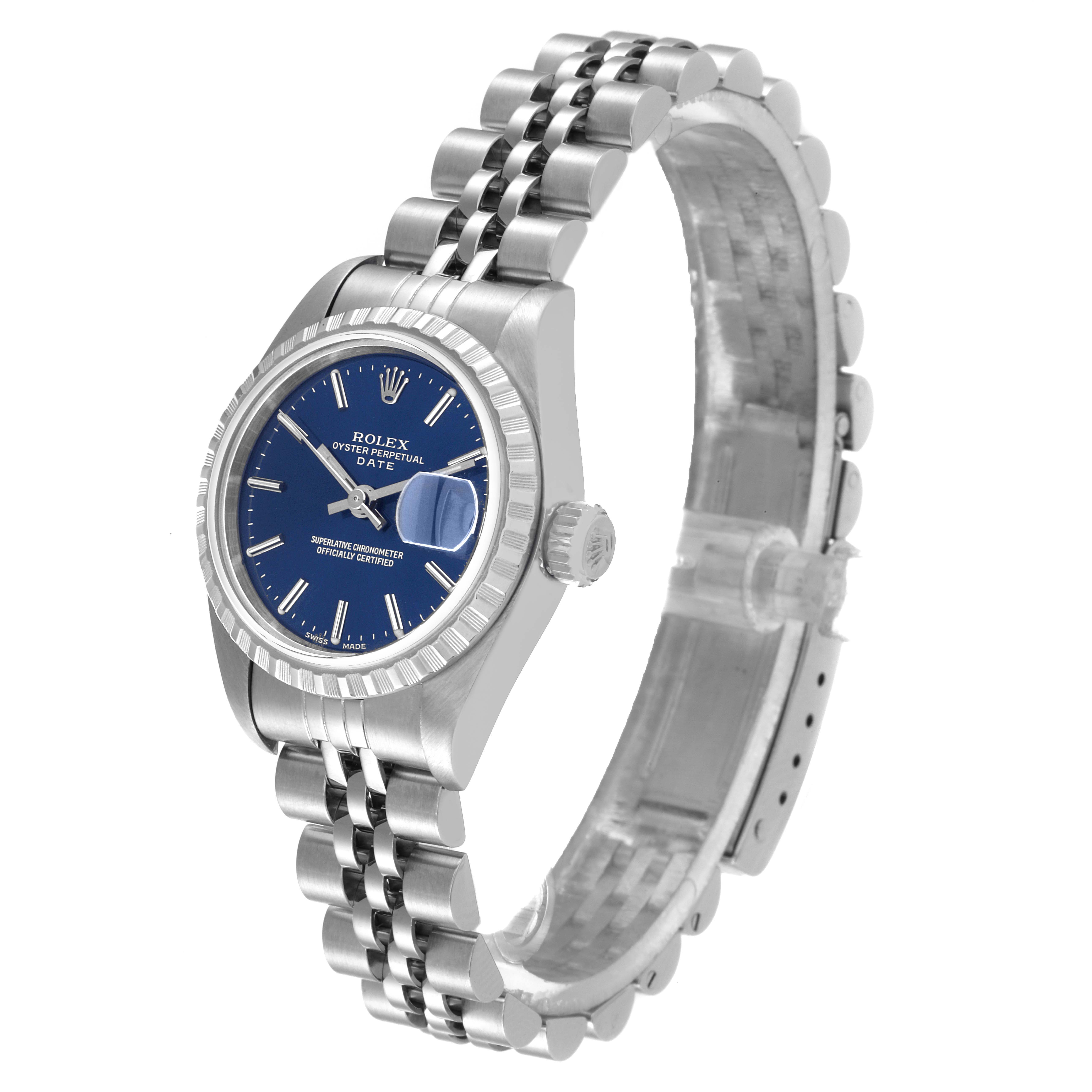 The Rolex Date 79240 Women
s Stainless Steel Blue Dial 79240 Women
s Stainless Steel Blue Dial watch is shown at a three-quarter front angle, highlighting its face, crown, and bracelet.