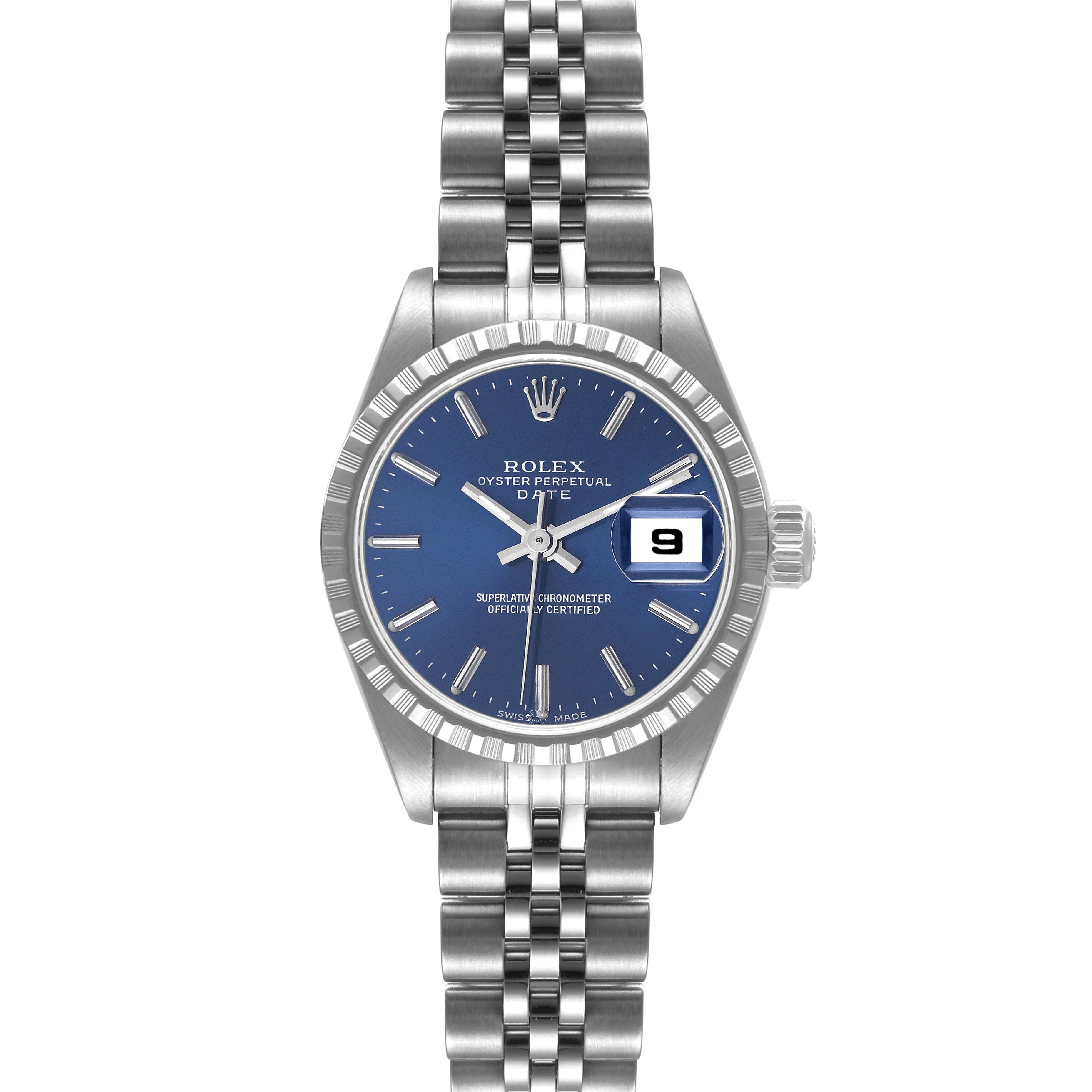The image shows a front view of a Rolex Oyster Perpetual Date watch, displaying the dial, date window, bezel, and bracelet.