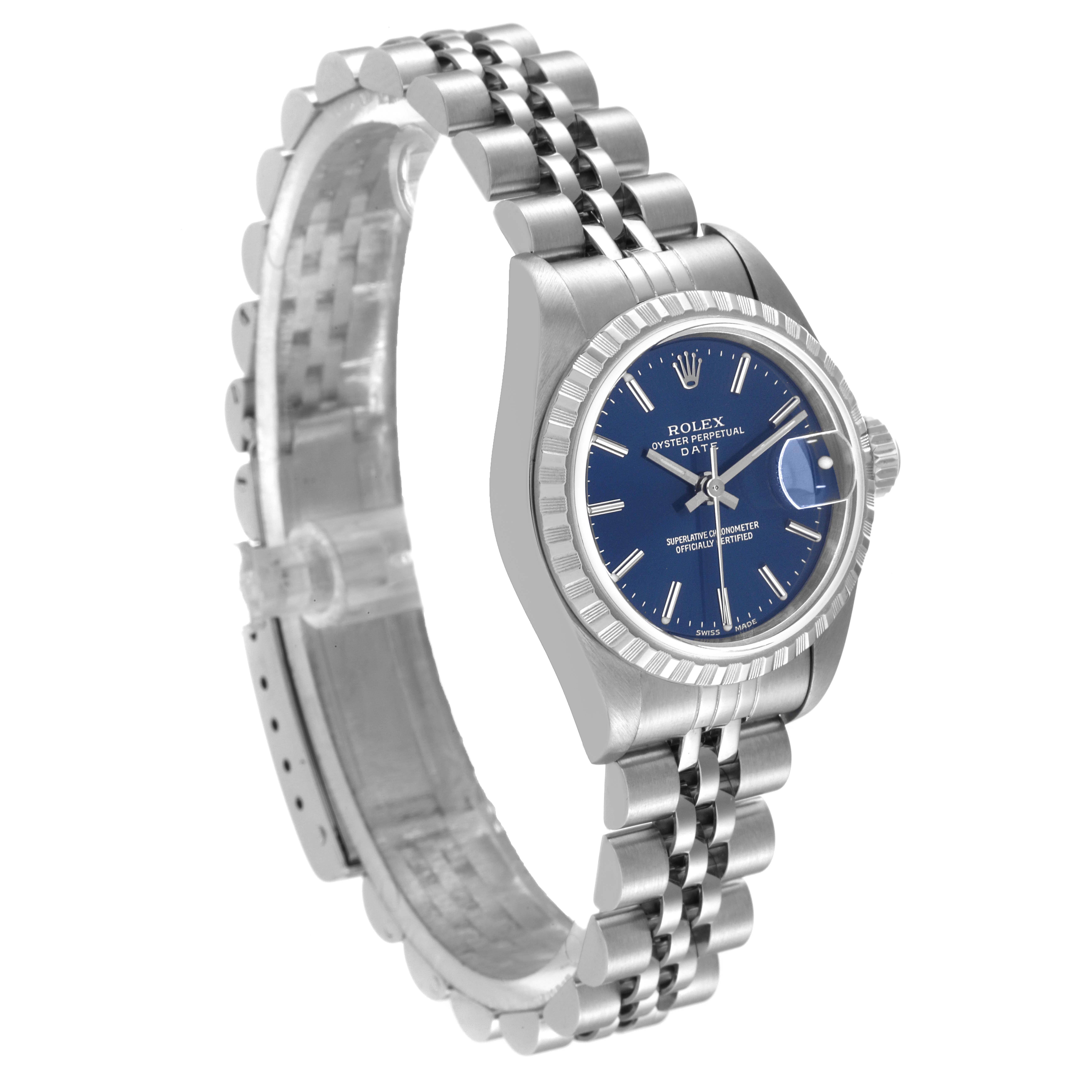 The image shows a side perspective of the Rolex Date 79240 Women
s Stainless Steel Blue Dial 79240 Women
s Stainless Steel Blue Dial model watch, showcasing its face, bezel, crown, and bracelet.
