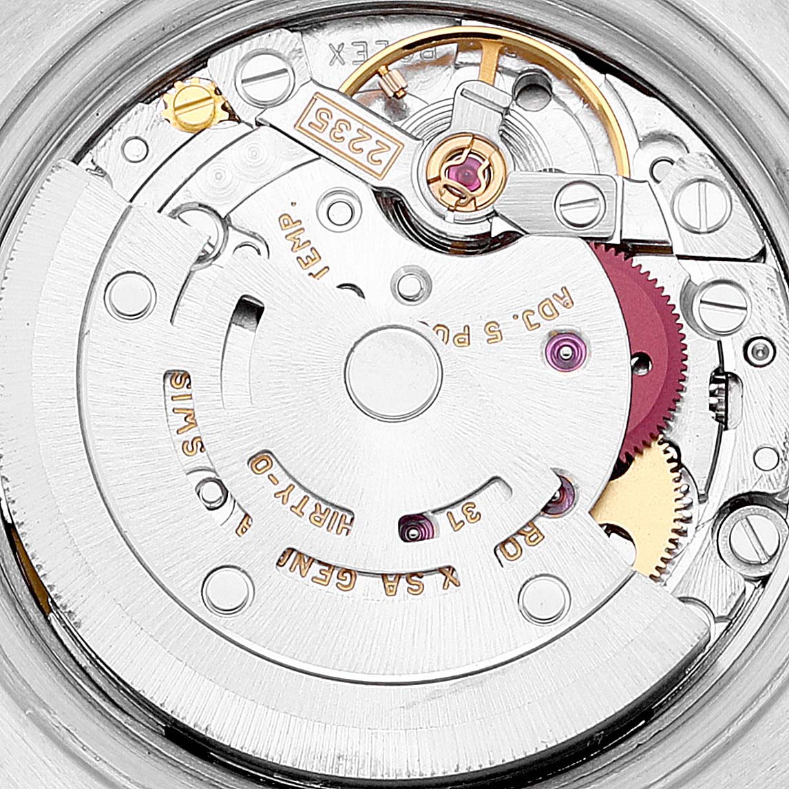 This image shows the internal mechanical movement of a Rolex Date 79240 Women
s Stainless Steel Blue Dial 79240 Women
s Stainless Steel Blue Dial model watch from a top-down angle.