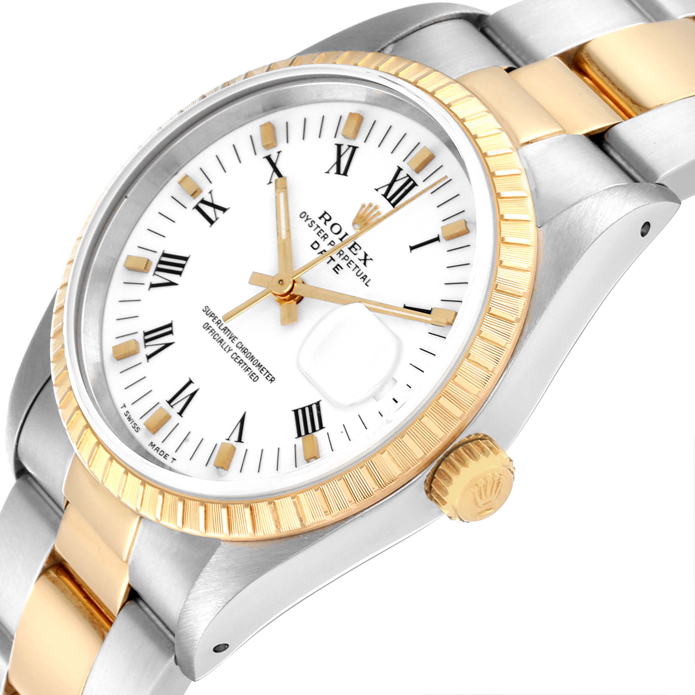 The image shows a Rolex Date 15223 Men's Steel and Gold (two tone) White Dial 15223 Men's Steel and Gold (two tone) White Dial model watch at an angle highlighting its dial, bezel, crown, and part of the bracelet.
