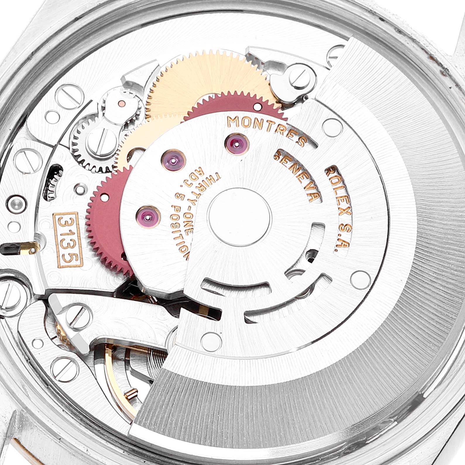The image shows the mechanical inner workings and movement of a Rolex Date 15223 Men's Steel and Gold (two tone) White Dial 15223 Men's Steel and Gold (two tone) White Dial model watch, viewed from the back.