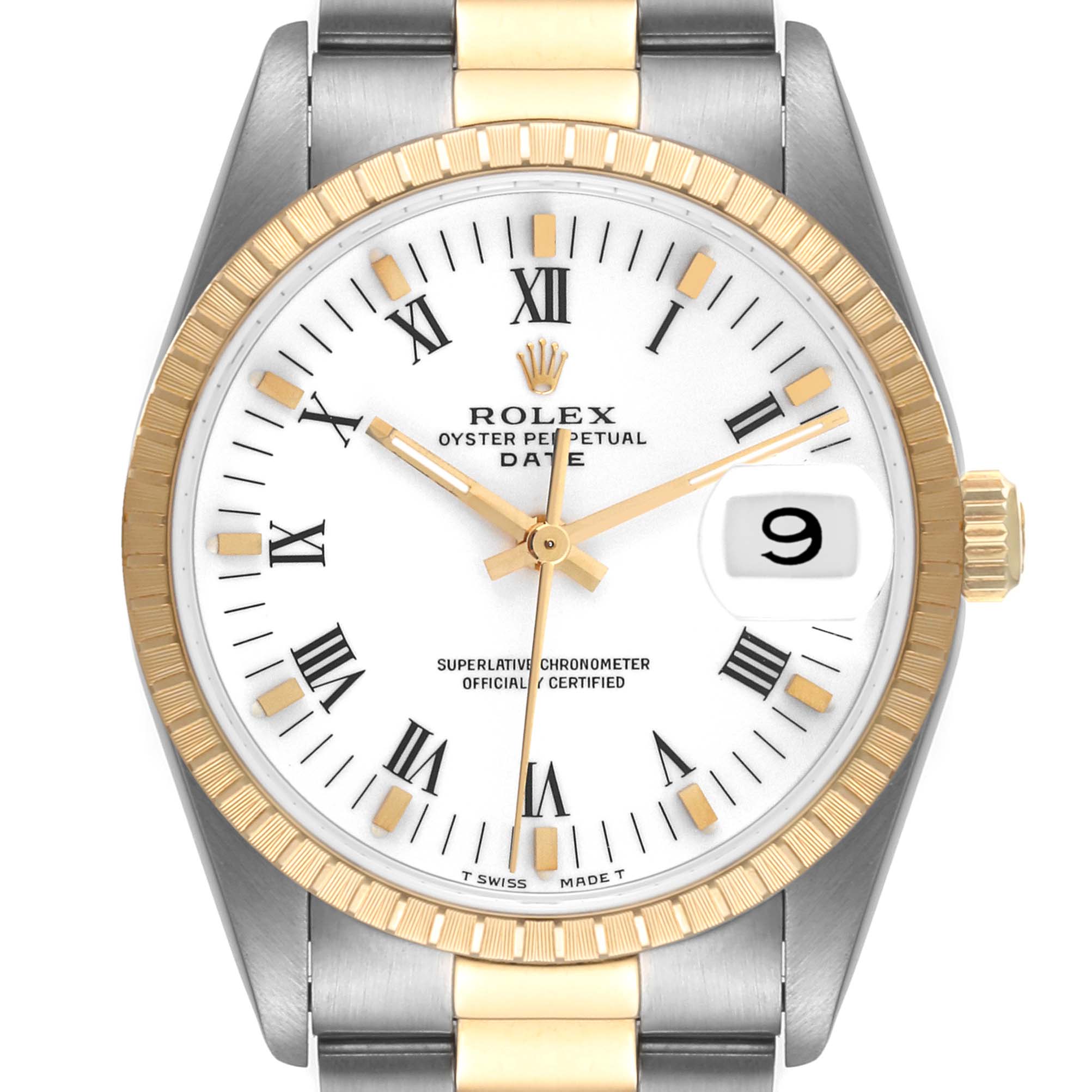 The image shows a front view of the Rolex Date 15223 Men's Steel and Gold (two tone) White Dial 15223 Men's Steel and Gold (two tone) White Dial model watch, highlighting its face, bezel, crown, and part of the bracelet.