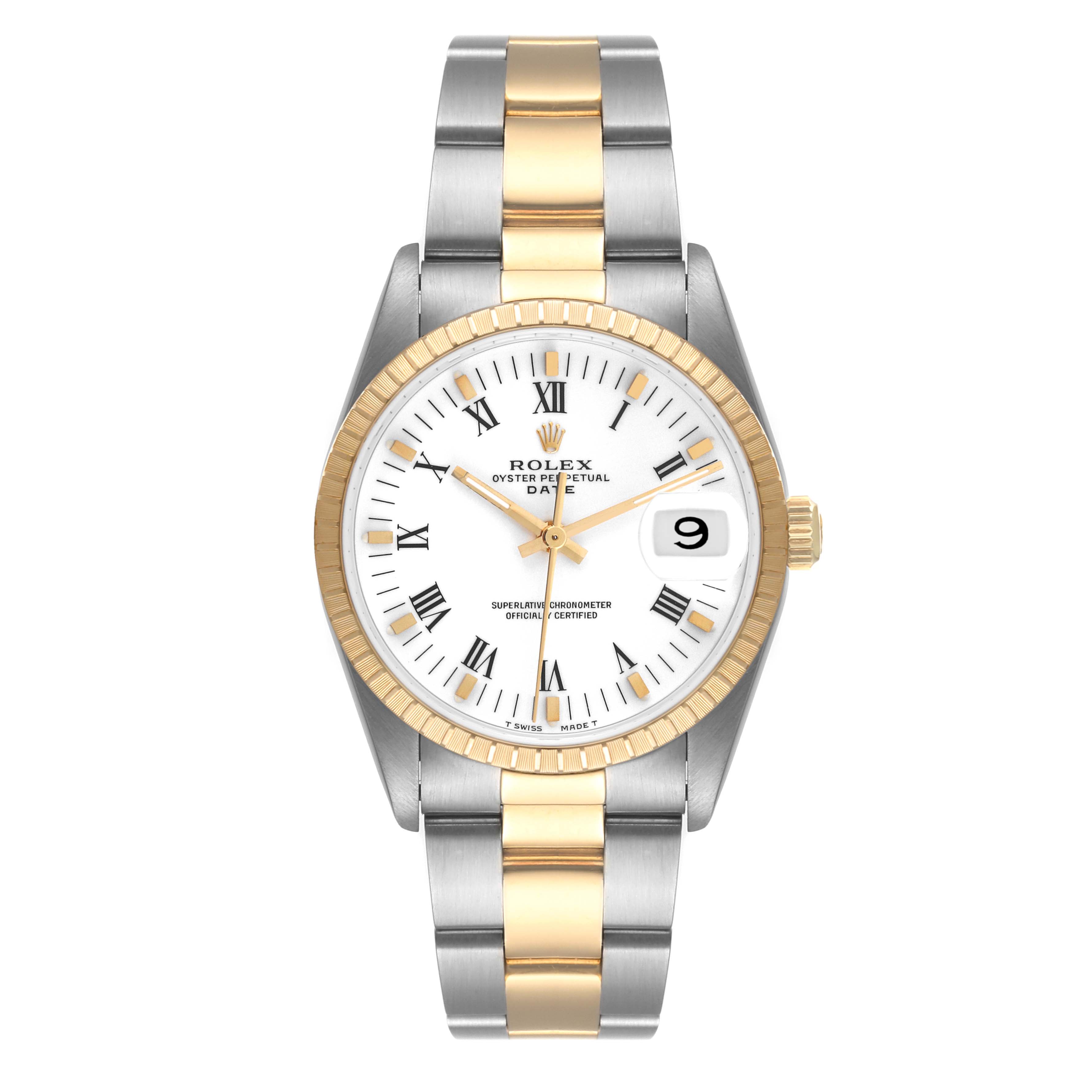This is a front view of a Rolex Date 15223 Men's Steel and Gold (two tone) White Dial 15223 Men's Steel and Gold (two tone) White Dial model, showing the dial, bezel, and bracelet.