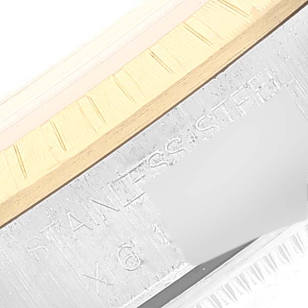 The close-up image shows the side view of the bezel and case of a Rolex Date 15223 Men's Steel and Gold (two tone) White Dial 15223 Men's Steel and Gold (two tone) White Dial model watch.