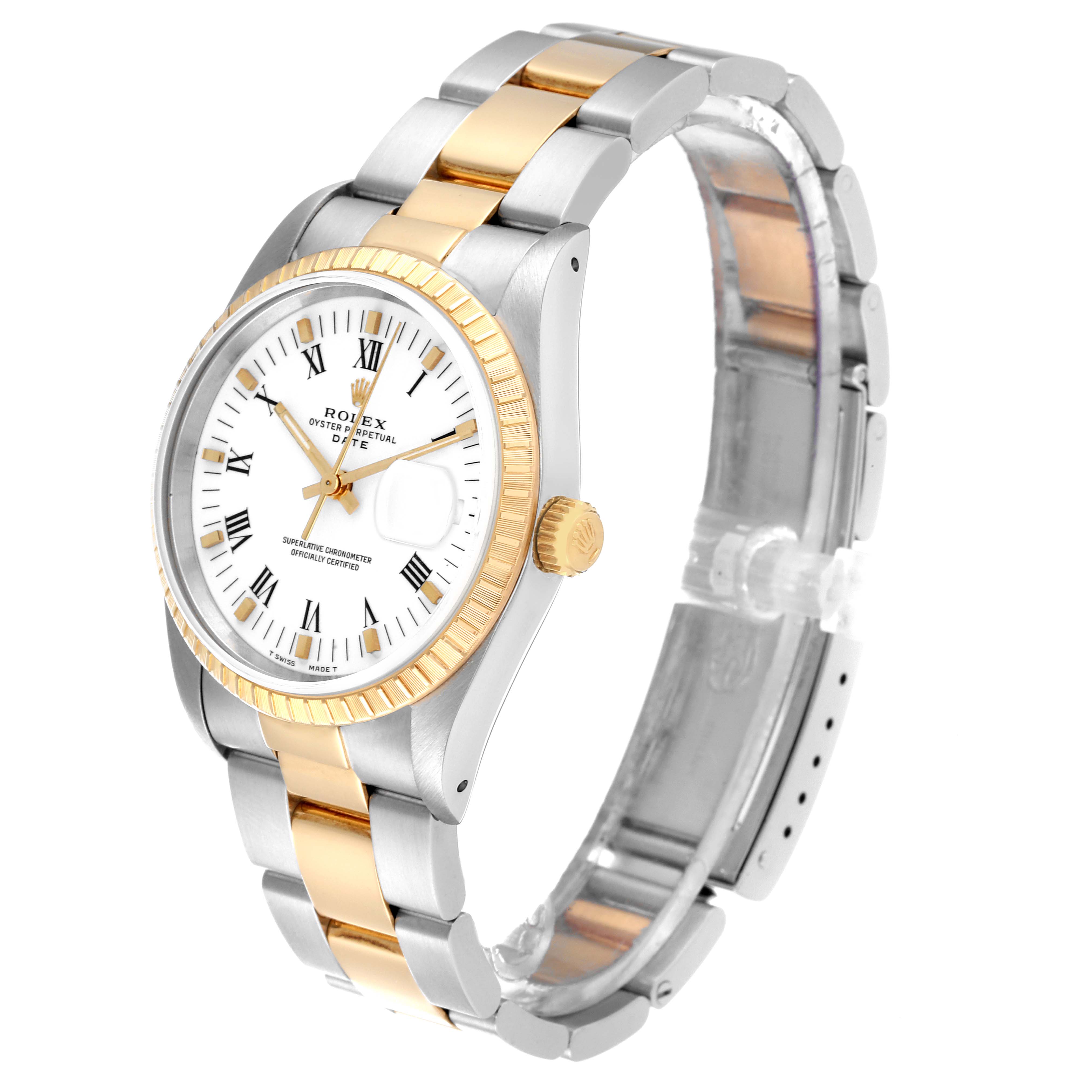The image shows a Rolex Date 15223 Men's Steel and Gold (two tone) White Dial 15223 Men's Steel and Gold (two tone) White Dial model watch at a three-quarter angle, highlighting its gold and silver bracelet, and white dial.